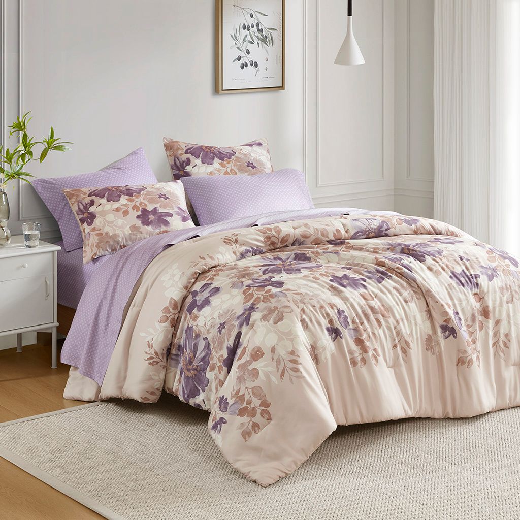 Luna Floral 7 Piece Queen Comforter Set with Bed Sheets In Taupe