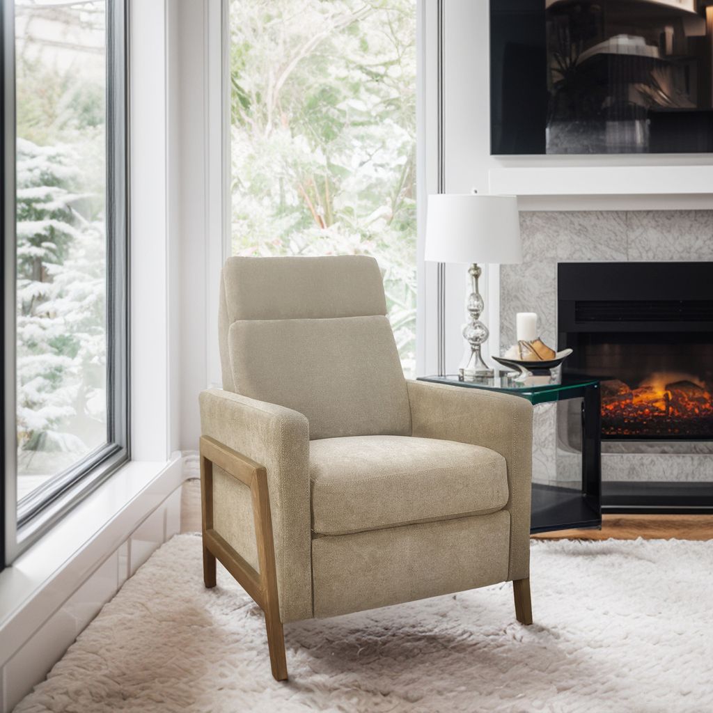 The appearance of Luna Recliner with Wood Frame In Beige designed by Olliix in the modern / contemporary interior design. This beige piece of furniture was selected by 1StopBedrooms from Luna Collection to add a touch of cosiness and style into your home. Sku: CH103-0043. Material: Polyester.