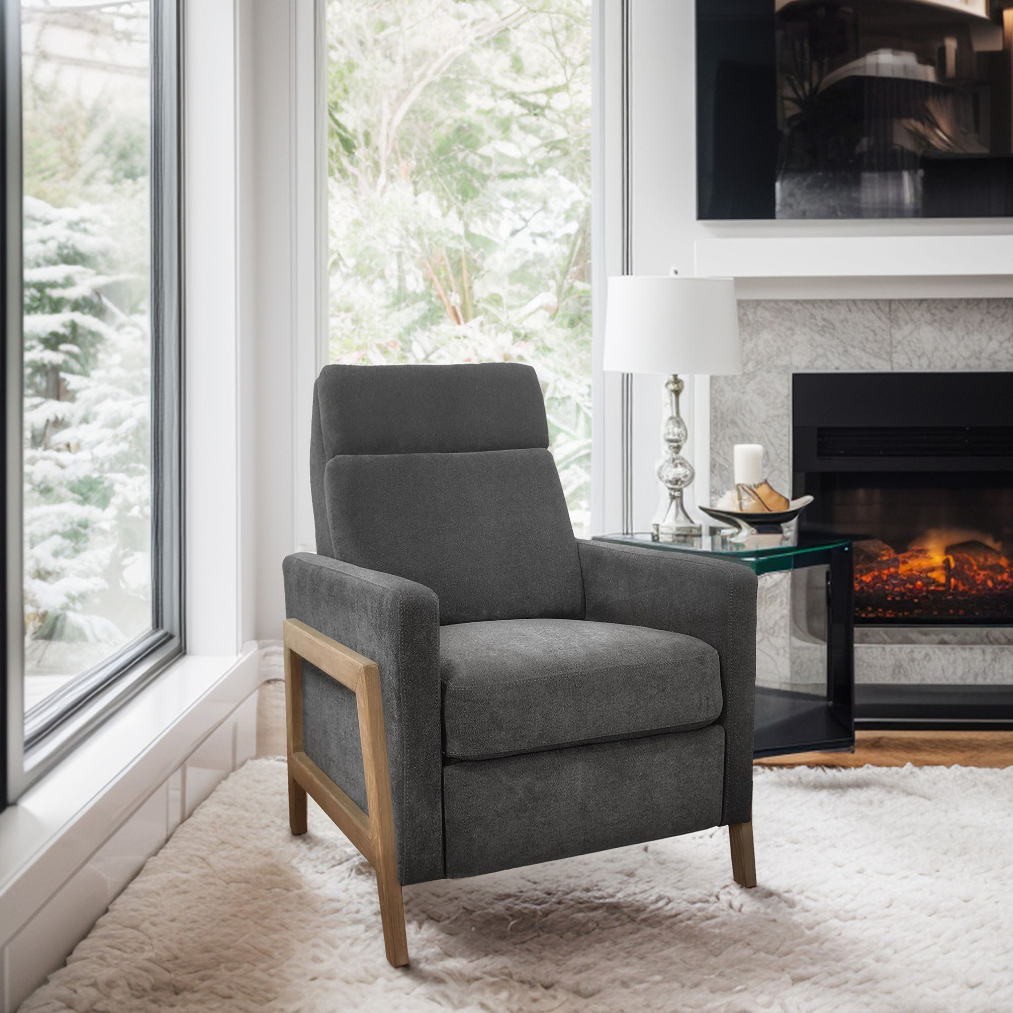 The appearance of Luna Recliner with Wood Frame In Grey designed by Olliix in the modern / contemporary interior design. This grey piece of furniture  was selected by 1StopBedrooms from Luna Collection to add a touch of cosiness and style into your home. Sku: CH103-0003. Material: Polyester.