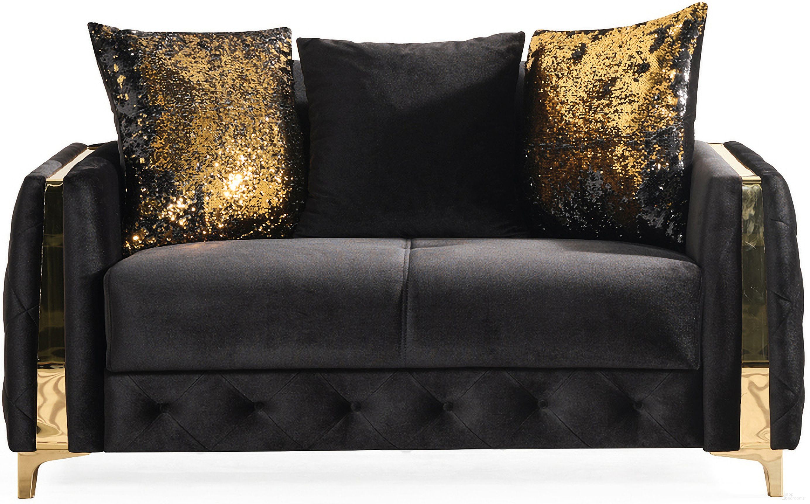 The appearance of Lust Sleeper Loveseat with Under Seat Storage In Black designed by Galaxy Home Furnishings in the modern / contemporary interior design. This black piece of furniture was selected by 1StopBedrooms from Lust Collection to add a touch of cosiness and style into your home. Sku: 601955551861-1;601955551861-2. Material: Wood.