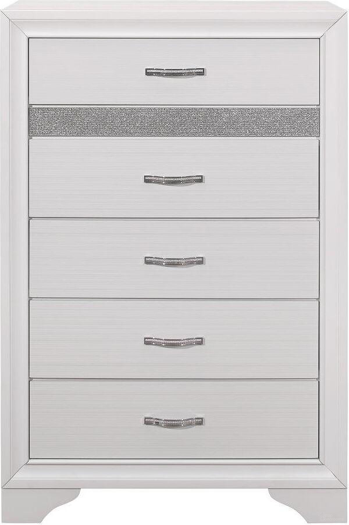 The appearance of Luster White And Silver Glitter Chest designed by Homelegance in the transitional interior design. This white piece of furniture was selected by 1StopBedrooms from Luster Collection to add a touch of cosiness and style into your home. Sku: 1505W-9. Material: Wood.