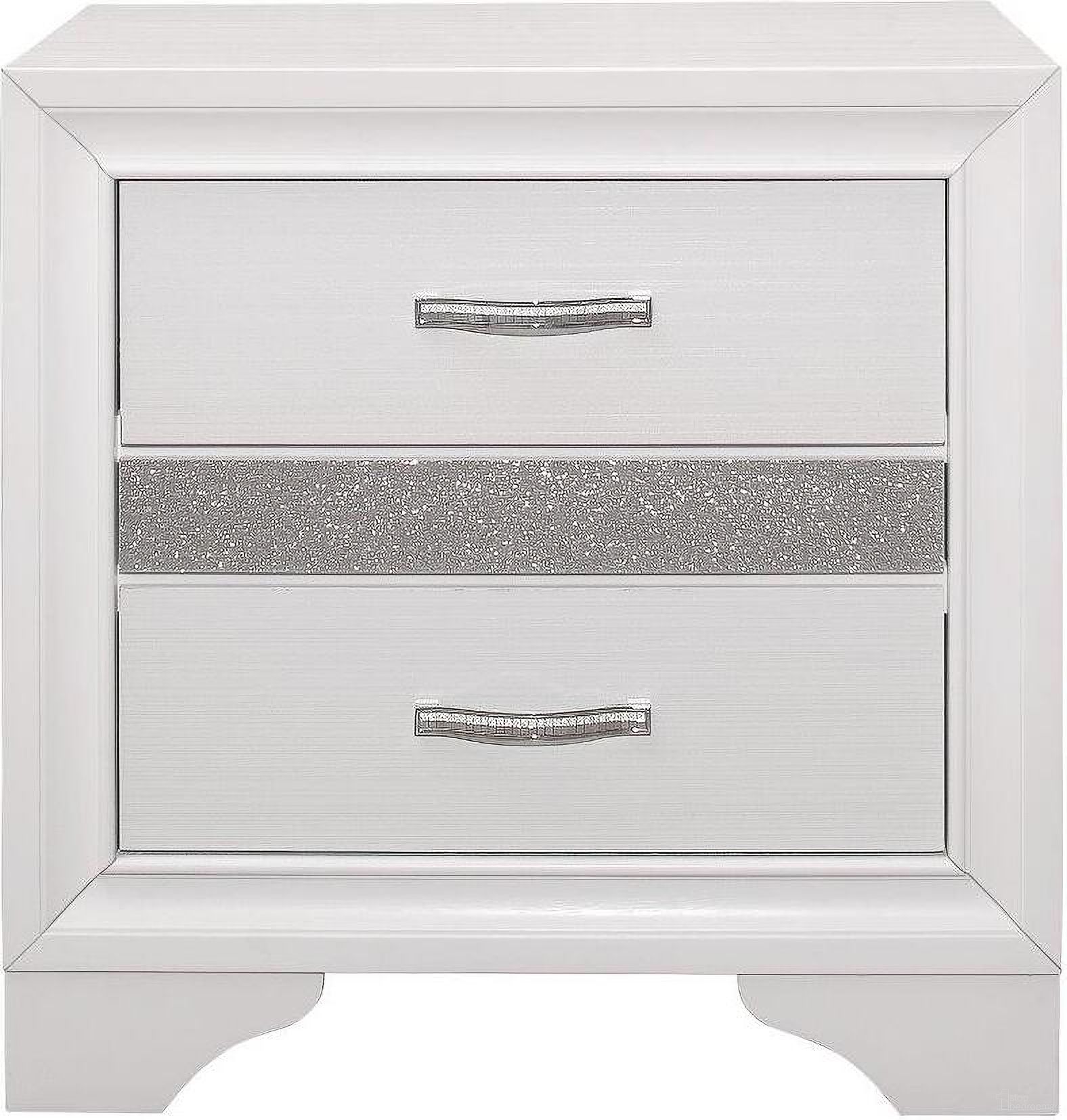 The appearance of Luster White And Silver Glitter Nightstand designed by Homelegance in the transitional interior design. This white piece of furniture was selected by 1StopBedrooms from Luster Collection to add a touch of cosiness and style into your home. Sku: 1505W-4. Material: Wood.