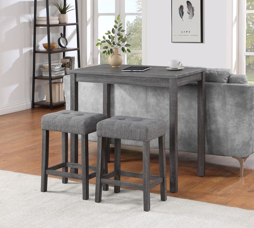 Lux 3 Piece Counter Height 36 Inch Pub Table Set with Tufted Linen Stools In Gray