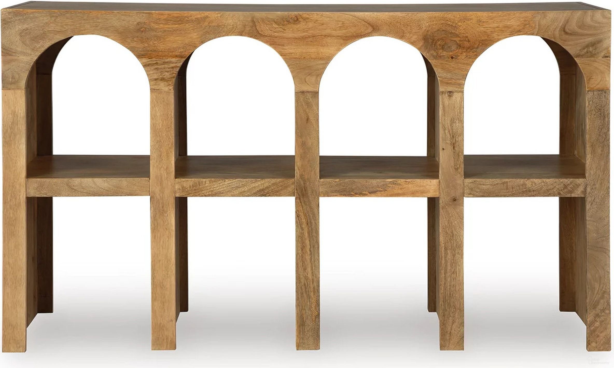 The appearance of Luzmanacy Console Sofa Table In Natural Brown designed by Signature Design by Ashley in the transitional interior design. This natural brown piece of furniture  was selected by 1StopBedrooms from Luzmanacy Collection to add a touch of cosiness and style into your home. Sku: A4000664. Material: Wood.