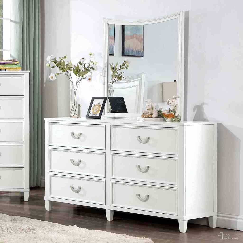 The appearance of Lycoris Dresser In White designed by Furniture of America in the transitional interior design. This white piece of furniture  was selected by 1StopBedrooms from Lycoris Collection to add a touch of cosiness and style into your home. Sku: CM7477WH-D. Material: Solid Wood.