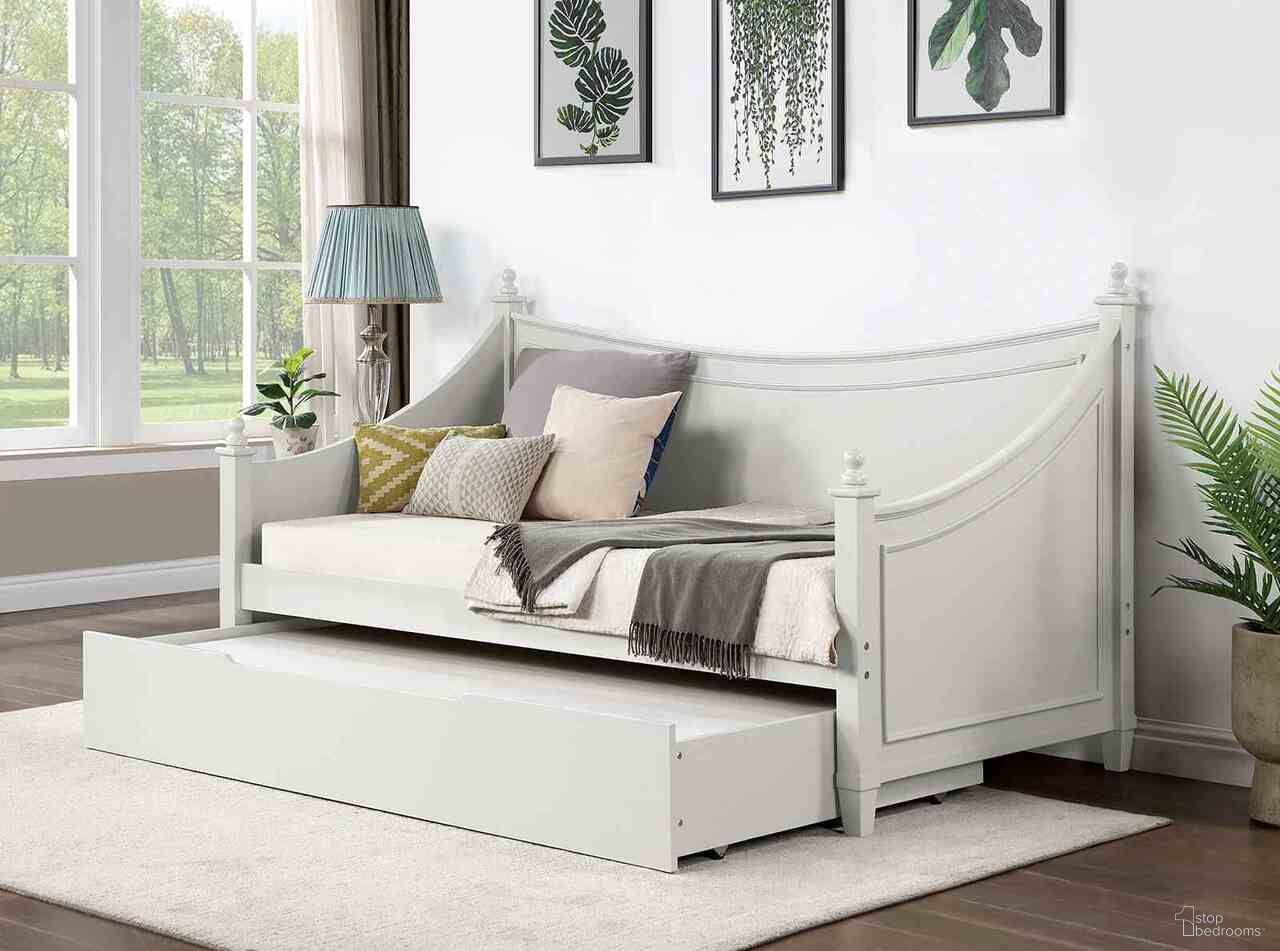 The appearance of Lycoris Twin Daybed In White designed by Furniture of America in the transitional interior design. This white piece of furniture was selected by 1StopBedrooms from Lycoris Collection to add a touch of cosiness and style into your home. Sku: CM1477WH-1;CM1477WH-2. Bed Type: Daybed. Bed Size: Twin. Material: Solid Wood.