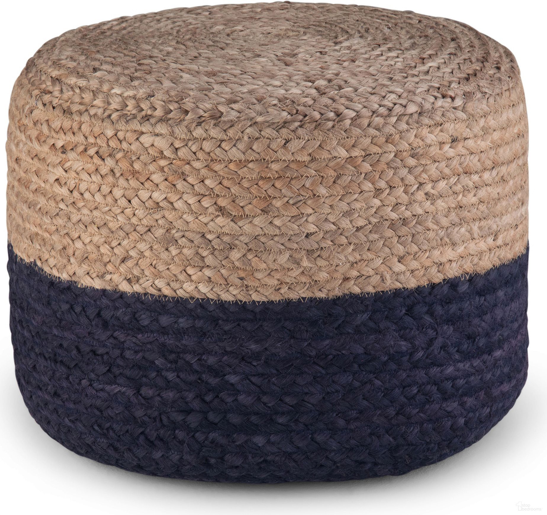 The appearance of Lydia Braided Jute Round Pouf In Navy and Natural designed by Simpli Home in the bohemian interior design. This navy and natural piece of furniture was selected by 1StopBedrooms from Lydia Collection to add a touch of cosiness and style into your home. Sku: AXCPF-42-NB. Material: Jute.