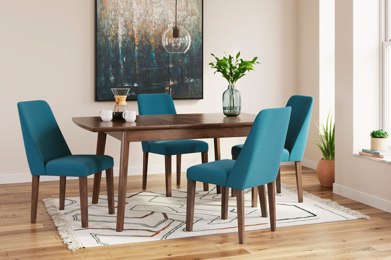 The appearance of Lyncott Extension Dining Room Set In Blue and Brown designed by Signature Design by Ashley in the transitional interior design. This blue/brown piece of furniture was selected by 1StopBedrooms from Lyncott Collection to add a touch of cosiness and style into your home. Sku: D615-45;D615-03;D615-03. Material: Wood. Size: 42" x 92".