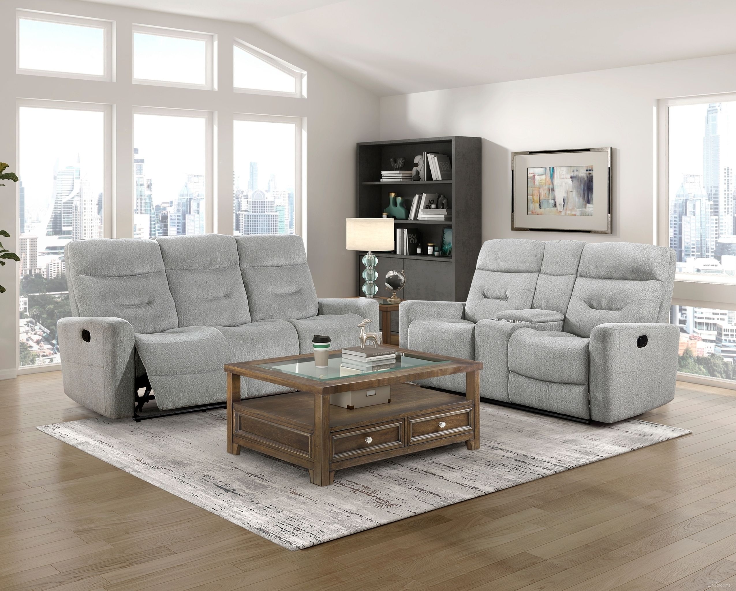 The appearance of Lyndon Double Reclining Living Room Set In Gray designed by Homelegance in the modern / contemporary interior design. This gray piece of furniture was selected by 1StopBedrooms from Lyndon Collection to add a touch of cosiness and style into your home. Sku: 9610GY-3;9610GY-2. Material: Chenille.