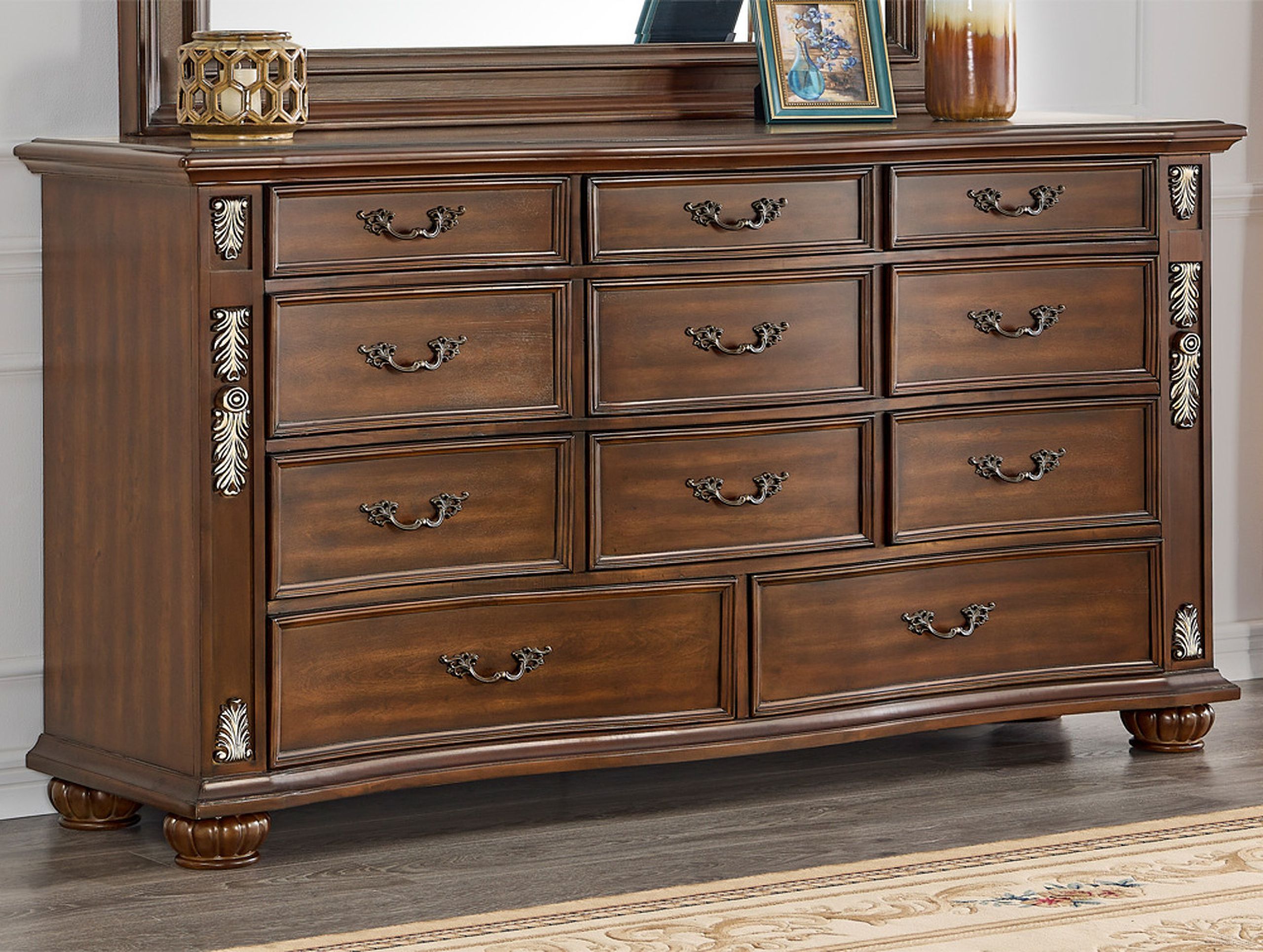 The appearance of Lyon Dresser In Cherry designed by Glory in the traditional interior design. This cherry piece of furniture was selected by 1StopBedrooms from Lyon Collection to add a touch of cosiness and style into your home. Sku: G07100-D. Material: Wood.