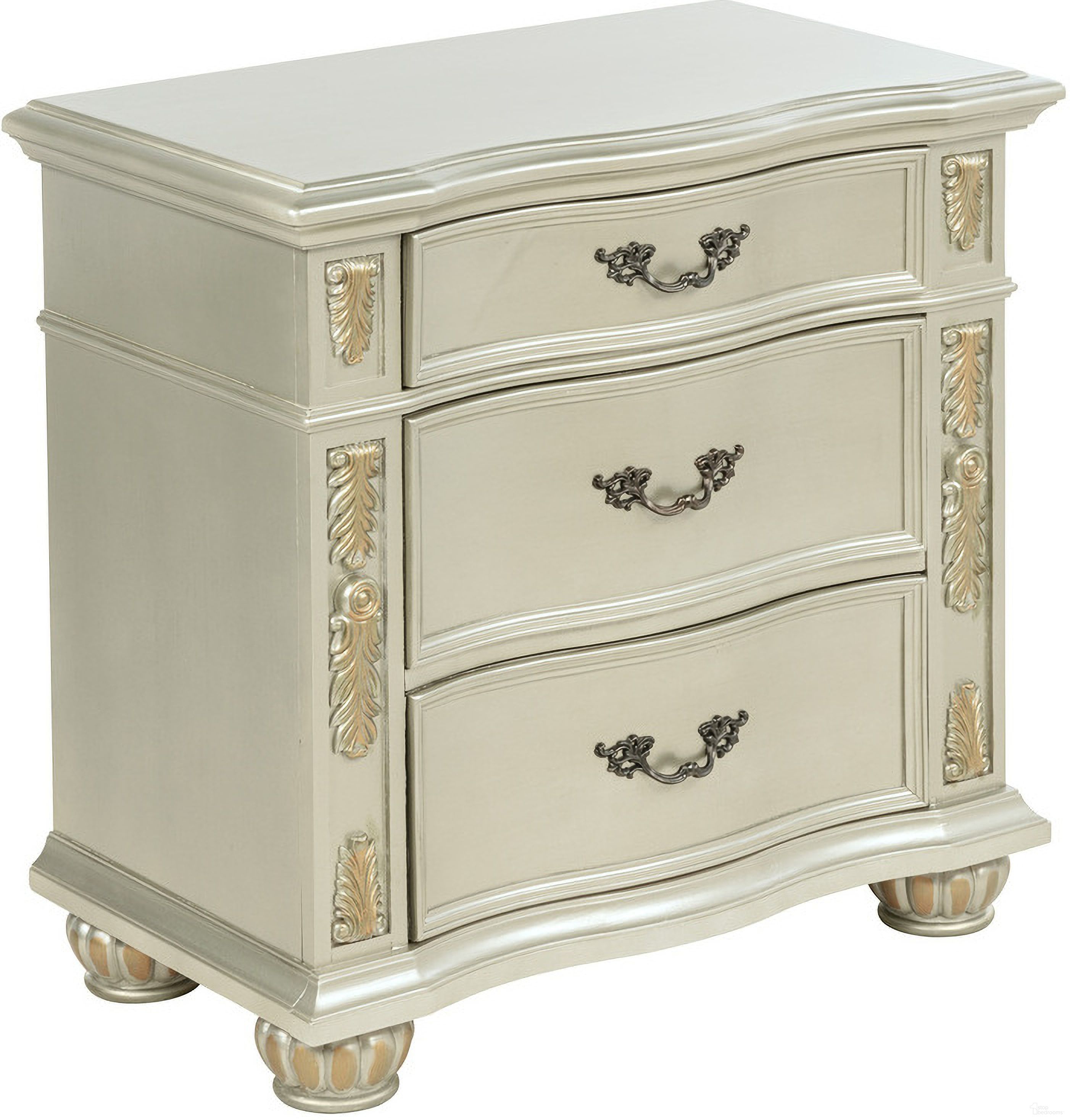 The appearance of Lyon Nightstand In Silver Champagne designed by Glory in the traditional interior design. This silver champagne piece of furniture was selected by 1StopBedrooms from Lyon Collection to add a touch of cosiness and style into your home. Sku: G07103-N. Material: Wood Veneer.