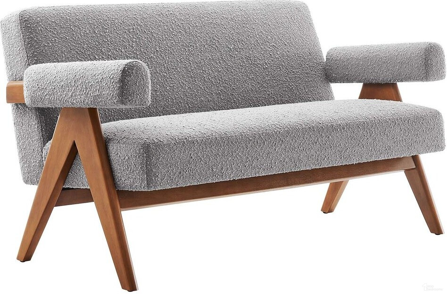 The appearance of Lyra Boucle Fabric Loveseat In Light Gray designed by Modway in the modern / contemporary interior design. This light gray piece of furniture  was selected by 1StopBedrooms from Lyra Collection to add a touch of cosiness and style into your home. Sku: EEI-6504-LGR. Material: Boucle.