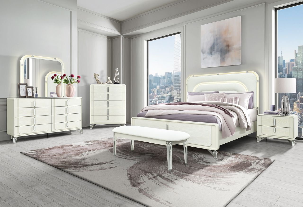 The appearance of Lyra Upholstered Bedroom Set In Beige designed by Global Furniture USA in the modern / contemporary interior design. This beige piece of furniture was selected by 1StopBedrooms from Lyra Collection to add a touch of cosiness and style into your home. Sku: LYRA-BEIGE-QB-HB W/ LED;LYRA-BEIGE-QB/KB-SR;LYRA-BEIGE-QB-FB/SLATS;LYRA-BEIGE-NS W/ USB. Material: Fabric. Bed Size: King.