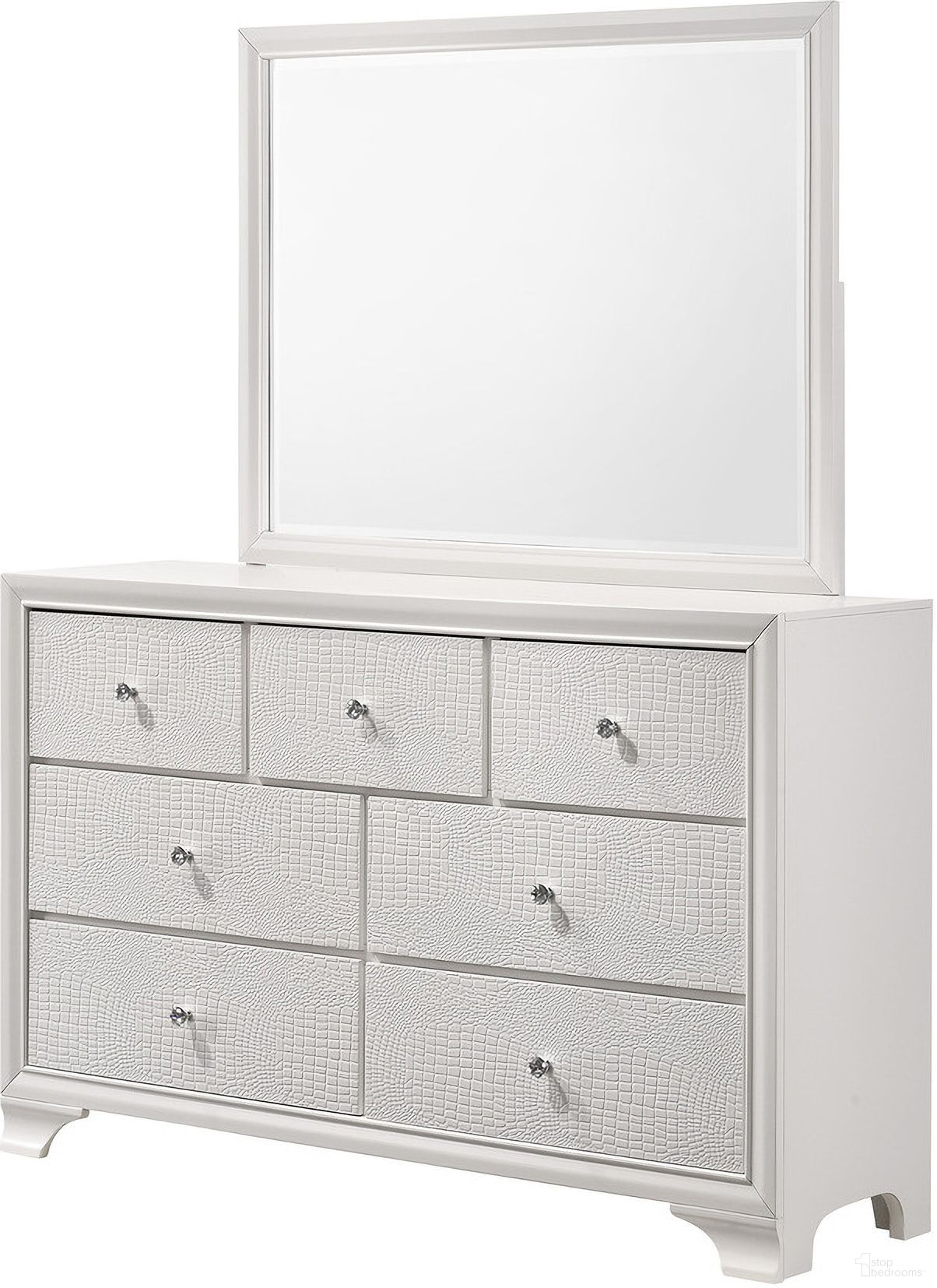 The appearance of Lyssa Dresser Mirror Frost In White designed by Crown Mark in the glam interior design. This white piece of furniture was selected by 1StopBedrooms from Lyssa Collection to add a touch of cosiness and style into your home. Sku: B4310-11. Material: MDF.