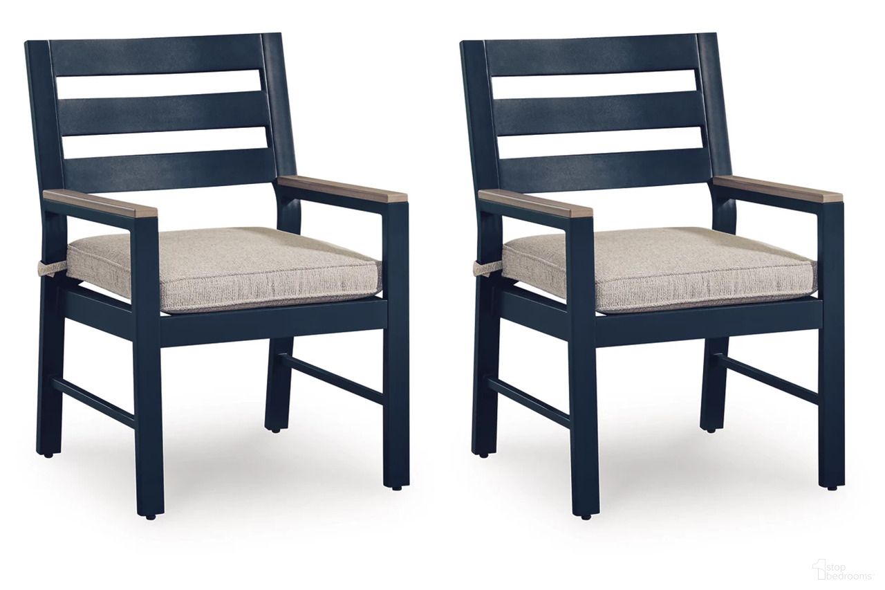The appearance of Mabry Shores Outdoor Arm Chair with Cushion Set of 2 In Blue designed by Signature Design by Ashley in the modern / contemporary interior design. This blue piece of furniture was selected by 1StopBedrooms from Mabry Shores Collection to add a touch of cosiness and style into your home. Sku: P587-601A. Material: Polyester.