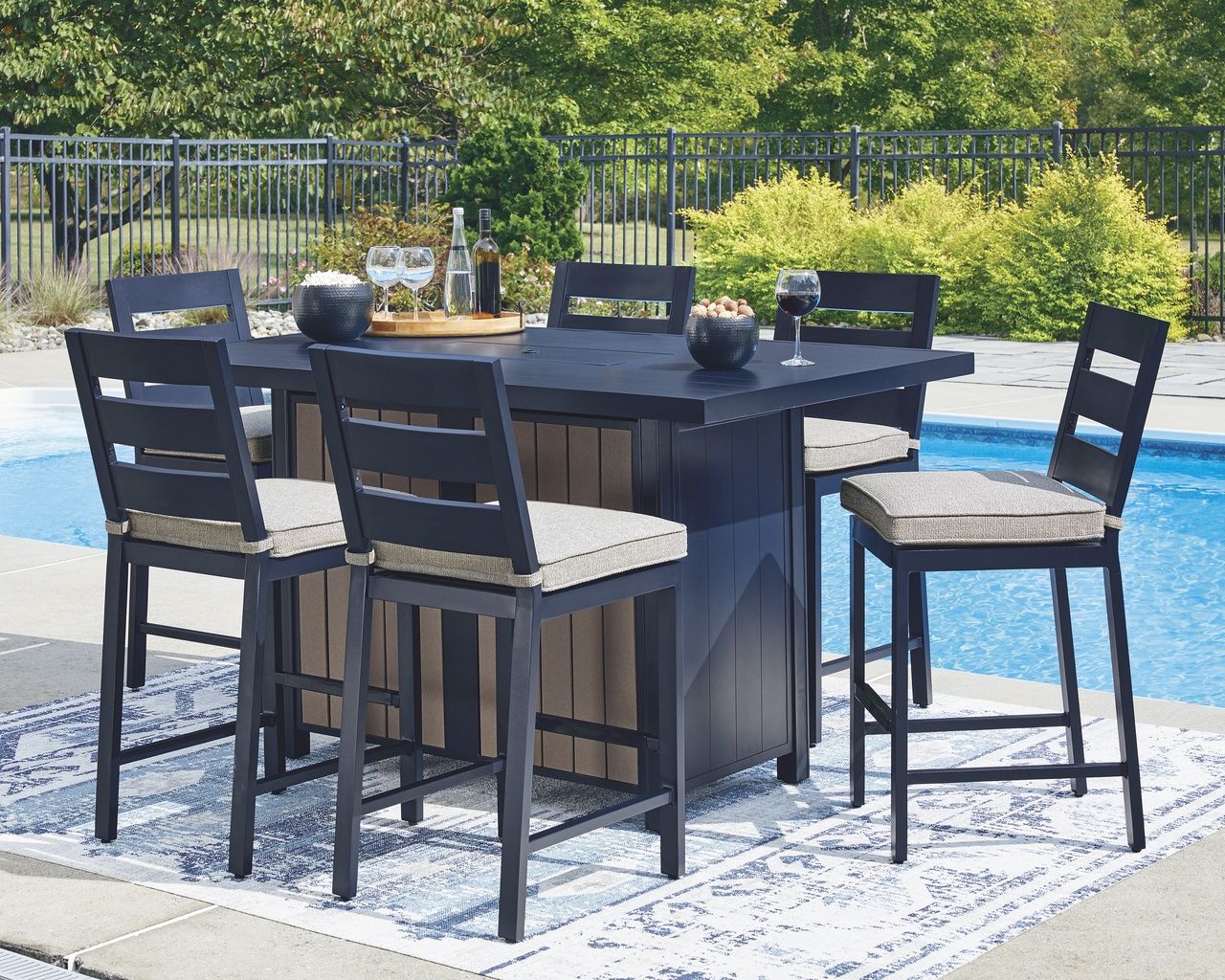 The appearance of Mabry Shores Outdoor Bar Set In Blue designed by Signature Design by Ashley in the modern / contemporary interior design. This blue piece of furniture was selected by 1StopBedrooms from Mabry Shores Collection to add a touch of cosiness and style into your home. Sku: P587-665;P587-124. Material: Aluminium.