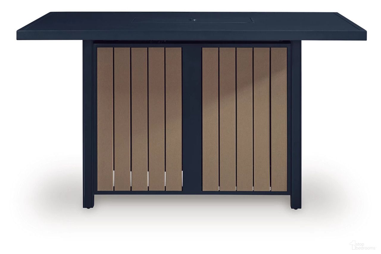The appearance of Mabry Shores Outdoor Bar Table with Fire Pit In Blue designed by Signature Design by Ashley in the modern / contemporary interior design. This blue piece of furniture was selected by 1StopBedrooms from Mabry Shores Collection to add a touch of cosiness and style into your home. Sku: P587-665. Material: HDPE.