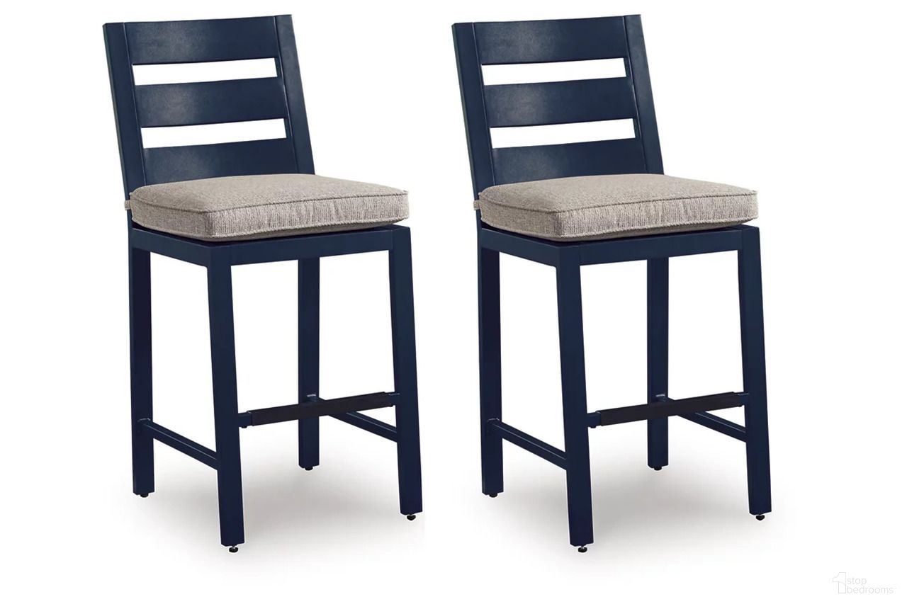 The appearance of Mabry Shores Outdoor Counter Height Bar Stool Set of 2 In Blue designed by Signature Design by Ashley in the modern / contemporary interior design. This blue piece of furniture  was selected by 1StopBedrooms from Mabry Shores Collection to add a touch of cosiness and style into your home. Sku: P587-124. Material: Aluminium.