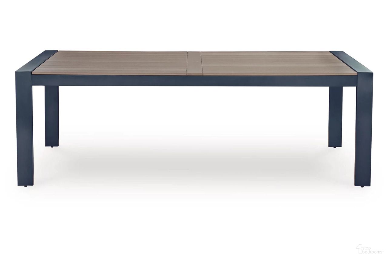 The appearance of Mabry Shores Outdoor Dining Table In Blue designed by Signature Design by Ashley in the modern / contemporary interior design. This blue piece of furniture  was selected by 1StopBedrooms from Mabry Shores Collection to add a touch of cosiness and style into your home. Sku: P587-625. Table Base Style: Legs. Table Top Shape: Rectangular. Material: HDPE.