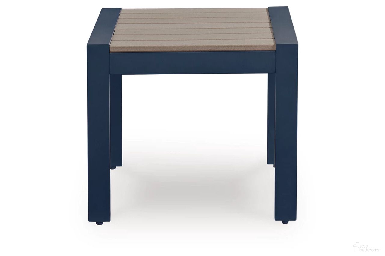 The appearance of Mabry Shores Outdoor End Table In Blue designed by Signature Design by Ashley in the modern / contemporary interior design. This blue piece of furniture was selected by 1StopBedrooms from Mabry Shores Collection to add a touch of cosiness and style into your home. Sku: P587-703. Material: HDPE.