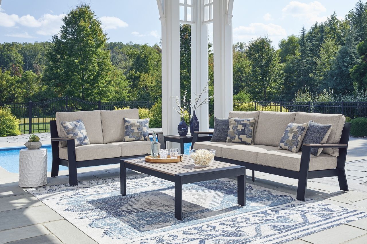 The appearance of Mabry Shores Outdoor Living Room Set with Cushion In Blue designed by Signature Design by Ashley in the modern / contemporary interior design. This blue piece of furniture was selected by 1StopBedrooms from Mabry Shores Collection to add a touch of cosiness and style into your home. Sku: P587-838;P587-835. Material: Fabric.
