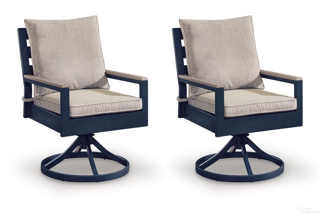 The appearance of Mabry Shores Outdoor Swivel Chair with Cushion Set of 2 In Blue designed by Signature Design by Ashley in the modern / contemporary interior design. This blue piece of furniture was selected by 1StopBedrooms from Mabry Shores Collection to add a touch of cosiness and style into your home. Sku: P587-602A. Material: Aluminium.