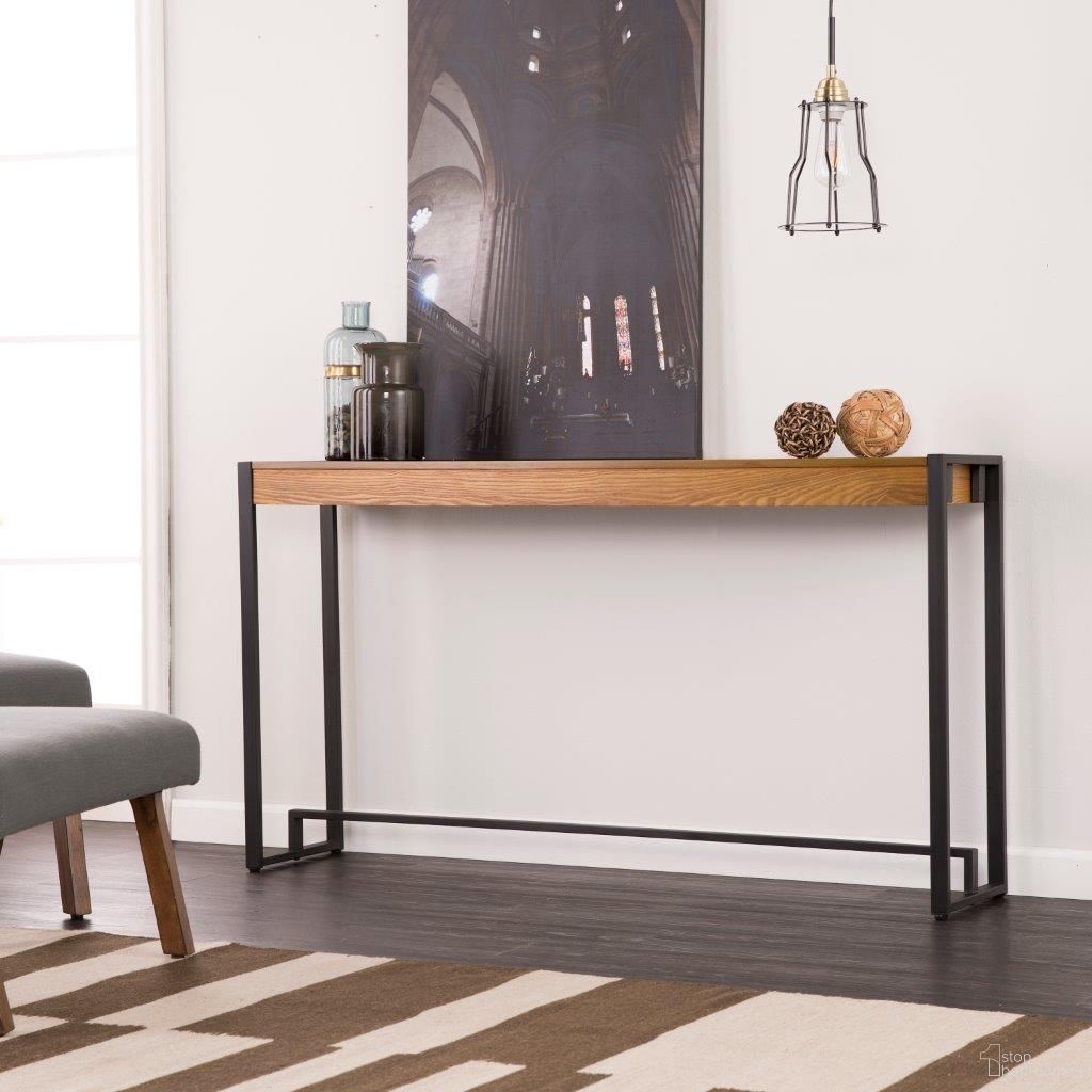 The appearance of Macen Console In Weathered Gray Oak With Black designed by SEI Furniture in the transitional interior design. This oak piece of furniture  was selected by 1StopBedrooms from Macen Collection to add a touch of cosiness and style into your home. Sku: CM9913. Material: Wood.