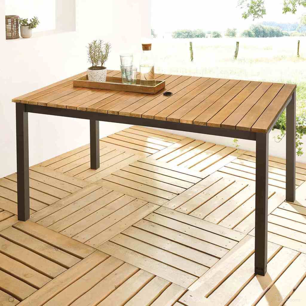 The appearance of Mackay Patio Dining Table In Gun Metal and Natural Teak designed by Furniture of America in the modern / contemporary interior design. This gun metal and natural teak piece of furniture was selected by 1StopBedrooms from Mackay Collection to add a touch of cosiness and style into your home. Sku: GM-2004. Table Base Style: Legs. Material: Aluminum. Table Top Shape: Rectangular.