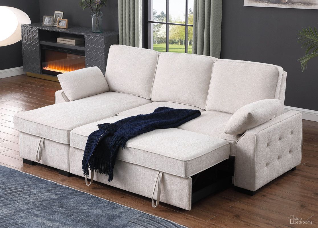 The appearance of Mackenzie 91 Inch Chenille Fabric Reversible Sleeper Sectional with Storage Chaise and Drop-Down Table In Beige designed by Lilola Home in the modern / contemporary interior design. This beige piece of furniture was selected by 1StopBedrooms from MacKenzie Collection to add a touch of cosiness and style into your home. Sku: V81442-L;V81442-C;V81442-A. Material: Chenille.