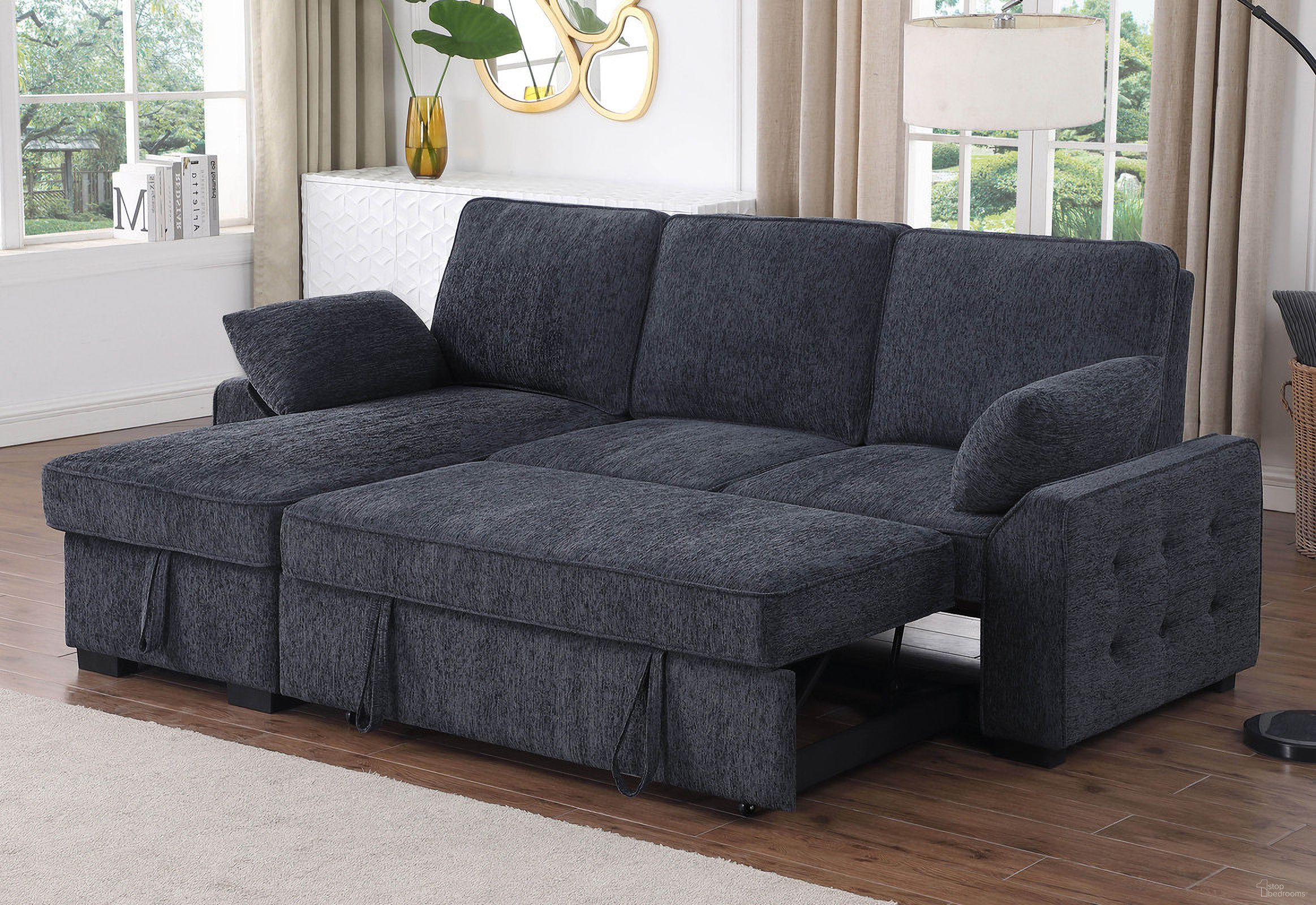 The appearance of Mackenzie 91 Inch Chenille Fabric Reversible Sleeper Sectional with Storage Chaise and Drop-Down Table In Charcoal designed by Lilola Home in the modern / contemporary interior design. This charcoal piece of furniture  was selected by 1StopBedrooms from MacKenzie Collection to add a touch of cosiness and style into your home. Sku: V81440-L;V81440-C;V81440-A. Material: Chenille.