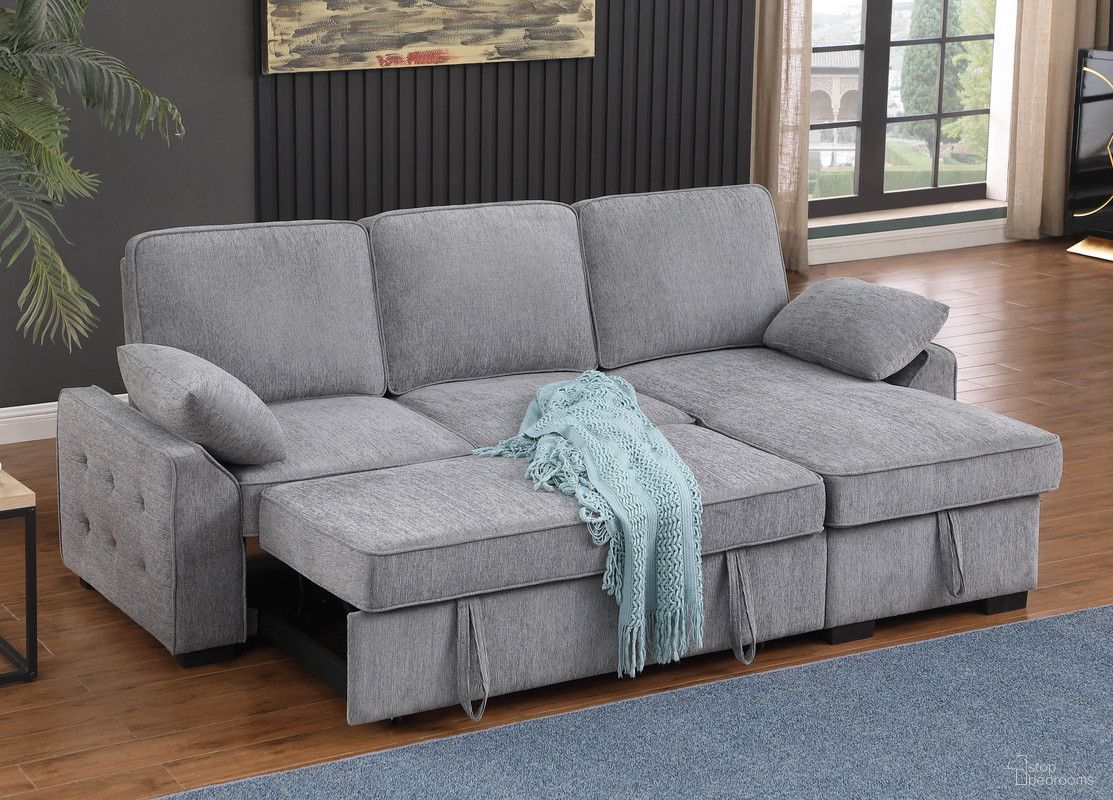 The appearance of Mackenzie 91 Inch Chenille Fabric Reversible Sleeper Sectional with Storage Chaise and Drop-Down Table In Light Gray designed by Lilola Home in the modern / contemporary interior design. This light gray piece of furniture was selected by 1StopBedrooms from MacKenzie Collection to add a touch of cosiness and style into your home. Sku: V81441-L;V81441-C;V81441-A. Material: Chenille.