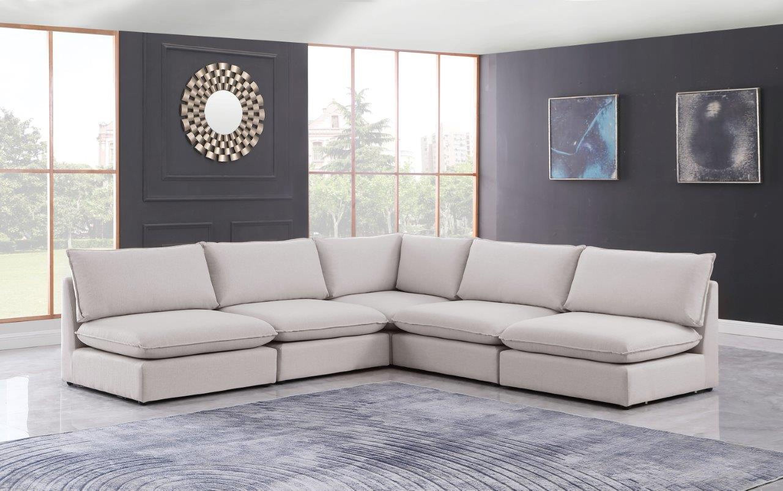 The appearance of Mackenzie Durable Linen Textured 5 Piece Modular Sectional In Beige designed by Meridian in the modern / contemporary interior design. This beige piece of furniture  was selected by 1StopBedrooms from MacKenzie Collection to add a touch of cosiness and style into your home. Sku: 688Beige-Corner;688Beige-Armless;688Beige-Armless;688Beige-Armless;688Beige-Armless. Material: Linen. Layout: L-Shape.