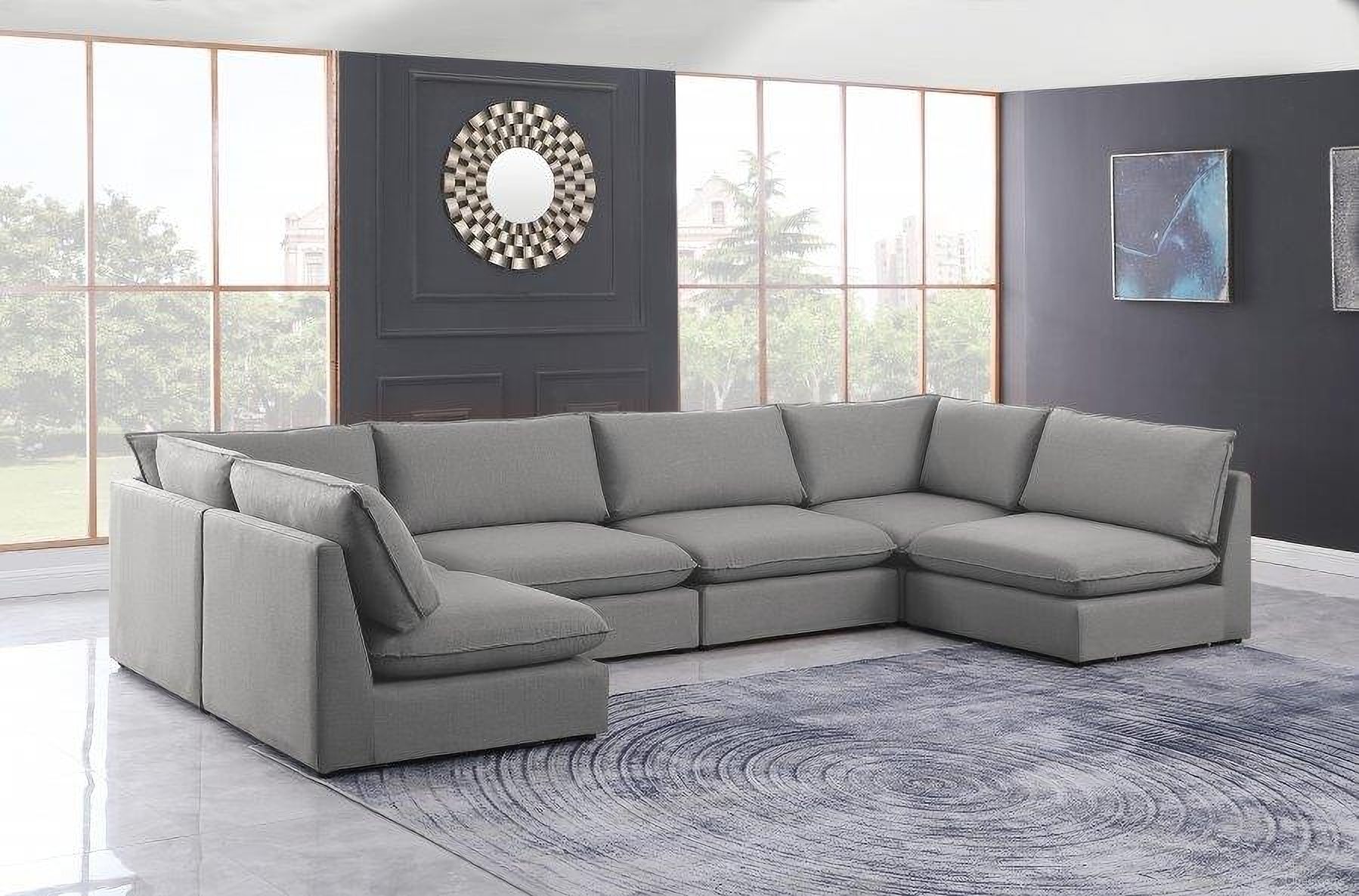 The appearance of Mackenzie Durable Linen Textured 6 Piece Modular Sectional In Grey designed by Meridian in the modern / contemporary interior design. This grey piece of furniture  was selected by 1StopBedrooms from MacKenzie Collection to add a touch of cosiness and style into your home. Sku: 688Grey-Corner;688Grey-Corner;688Grey-Armless;688Grey-Armless;688Grey-Armless;688Grey-Armless. Material: Linen. Layout: U-Shape.