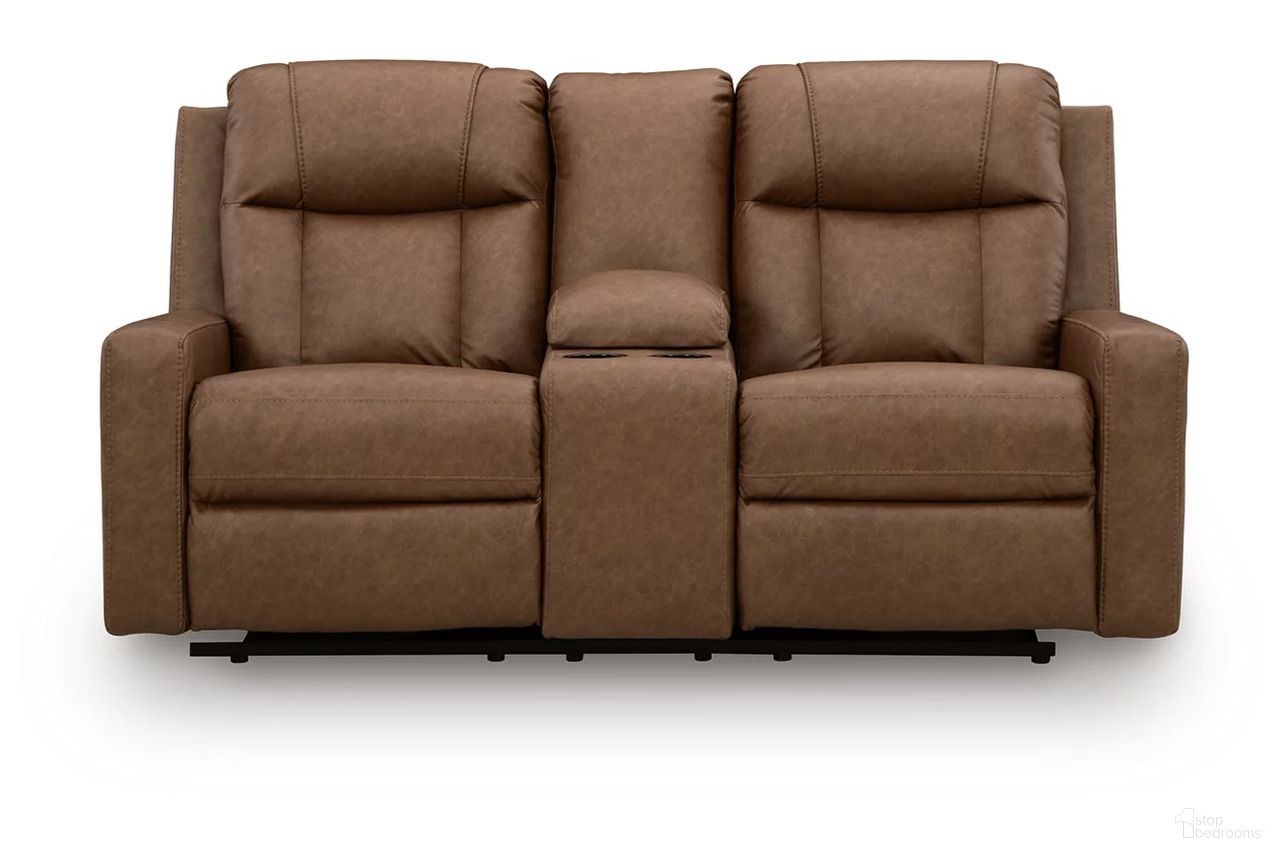 The appearance of Mackmenville Reclining Loveseat with Console In Caramel designed by Signature Design by Ashley in the modern / contemporary interior design. This caramel piece of furniture was selected by 1StopBedrooms from Mackmenville Collection to add a touch of cosiness and style into your home. Sku: 7471494. Material: Fabric.
