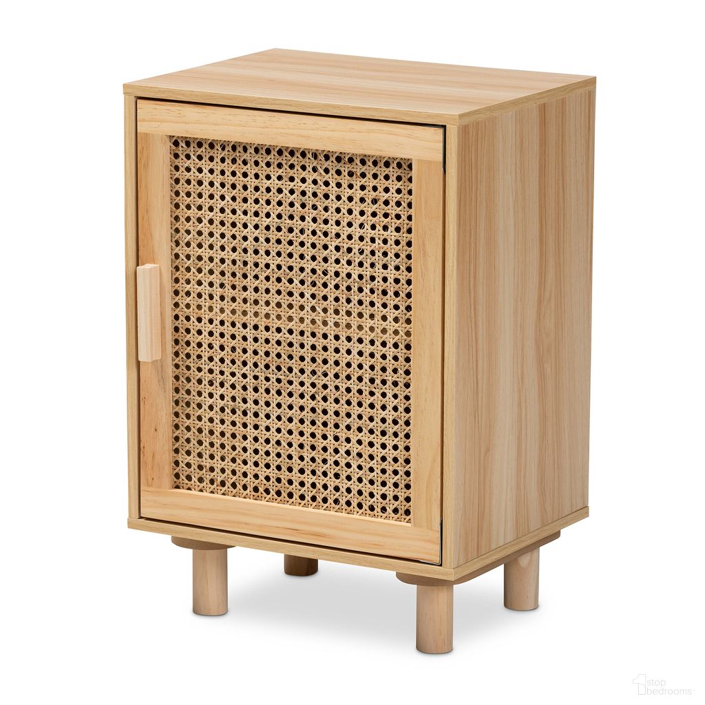 Maclean Rattan and Wood End Table In Beige and Brown