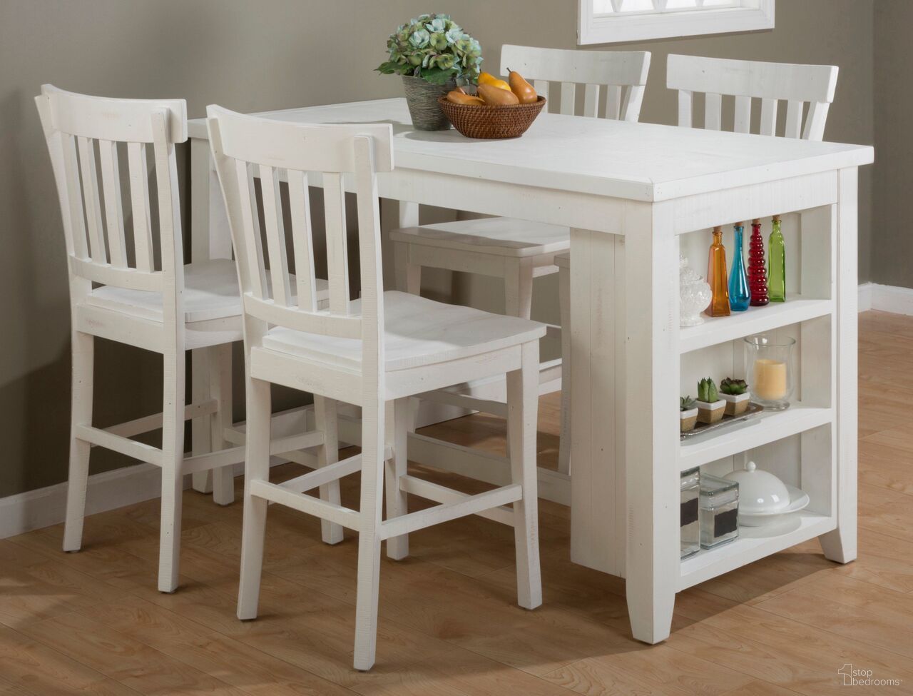 The appearance of Madaket Reclaimed Pine Shelf Storage Counter Height Dining Room Set designed by Jofran in the transitional interior design. This white piece of furniture  was selected by 1StopBedrooms from Madaket Collection to add a touch of cosiness and style into your home. Sku: 647-60;647-BS831KD. Table Base Style: Trestle. Material: Wood. Table Top Shape: Rectangular. Size: 60" x 30".