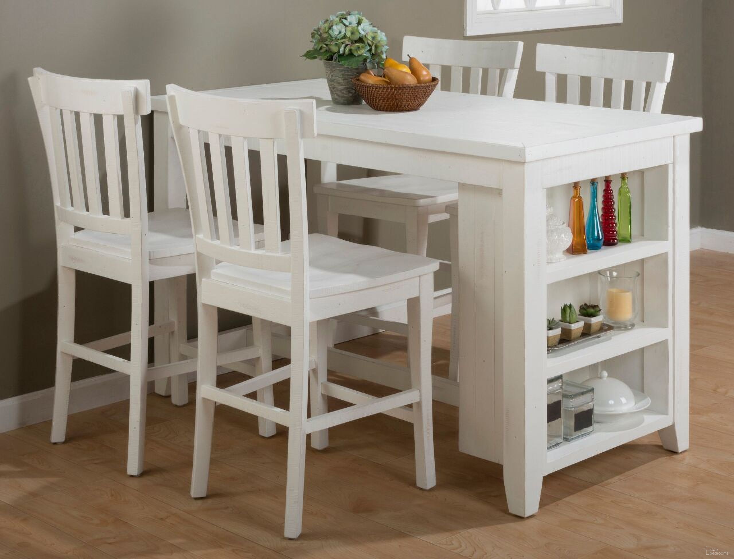 The appearance of Madaket 60 Inch Dining Room Set with 4 Counter Height Barstools In Off White designed by Jofran in the country / farmhouse interior design. This off white piece of furniture was selected by 1StopBedrooms from Madaket Collection to add a touch of cosiness and style into your home. Sku: 647-60;647-BS831KD;647-BS831KD. Material: Pine.
