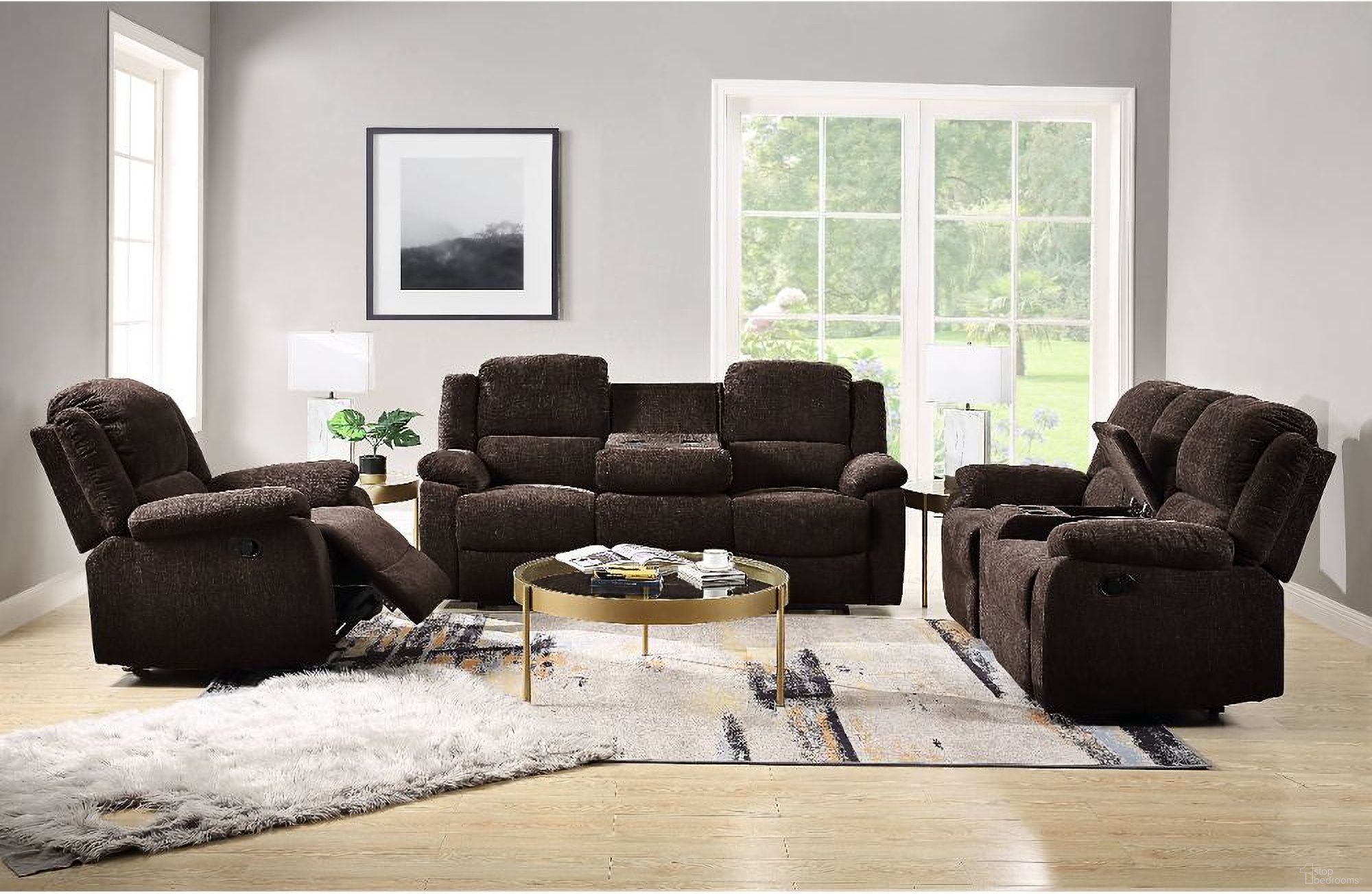 The appearance of Madden Living Room Sets In Brown Chenille designed by ACME in the modern / contemporary interior design. This brown piece of furniture was selected by 1StopBedrooms from Madden Collection to add a touch of cosiness and style into your home. Sku: 55445;55446. Material: Wood.