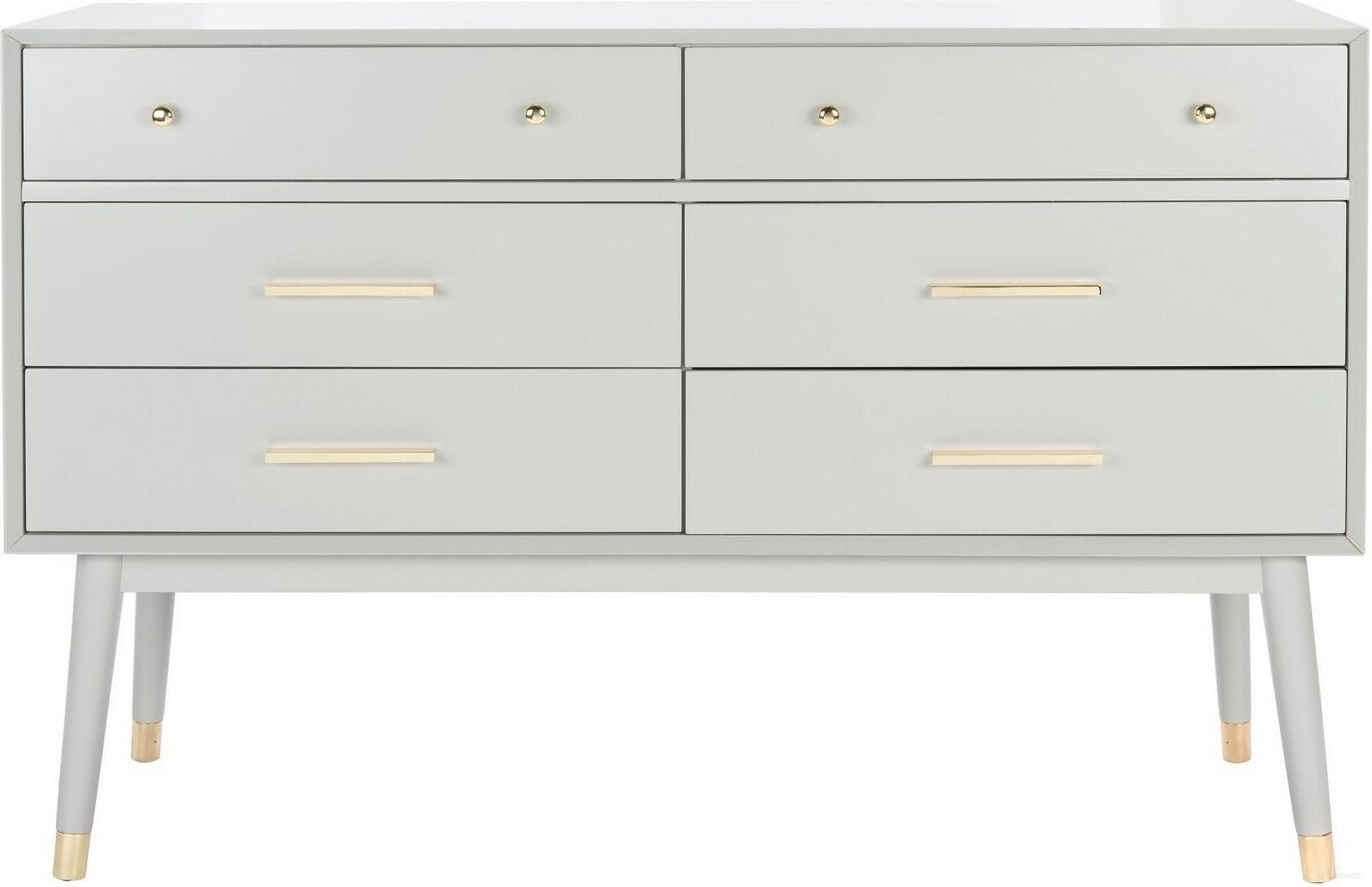 The appearance of Madden Retro Dresser In Grey and Brass designed by Safavieh Couture in the modern / contemporary interior design. This grey and brass piece of furniture was selected by 1StopBedrooms from Madden Collection to add a touch of cosiness and style into your home. Sku: SFV2100E. Material: MDF.