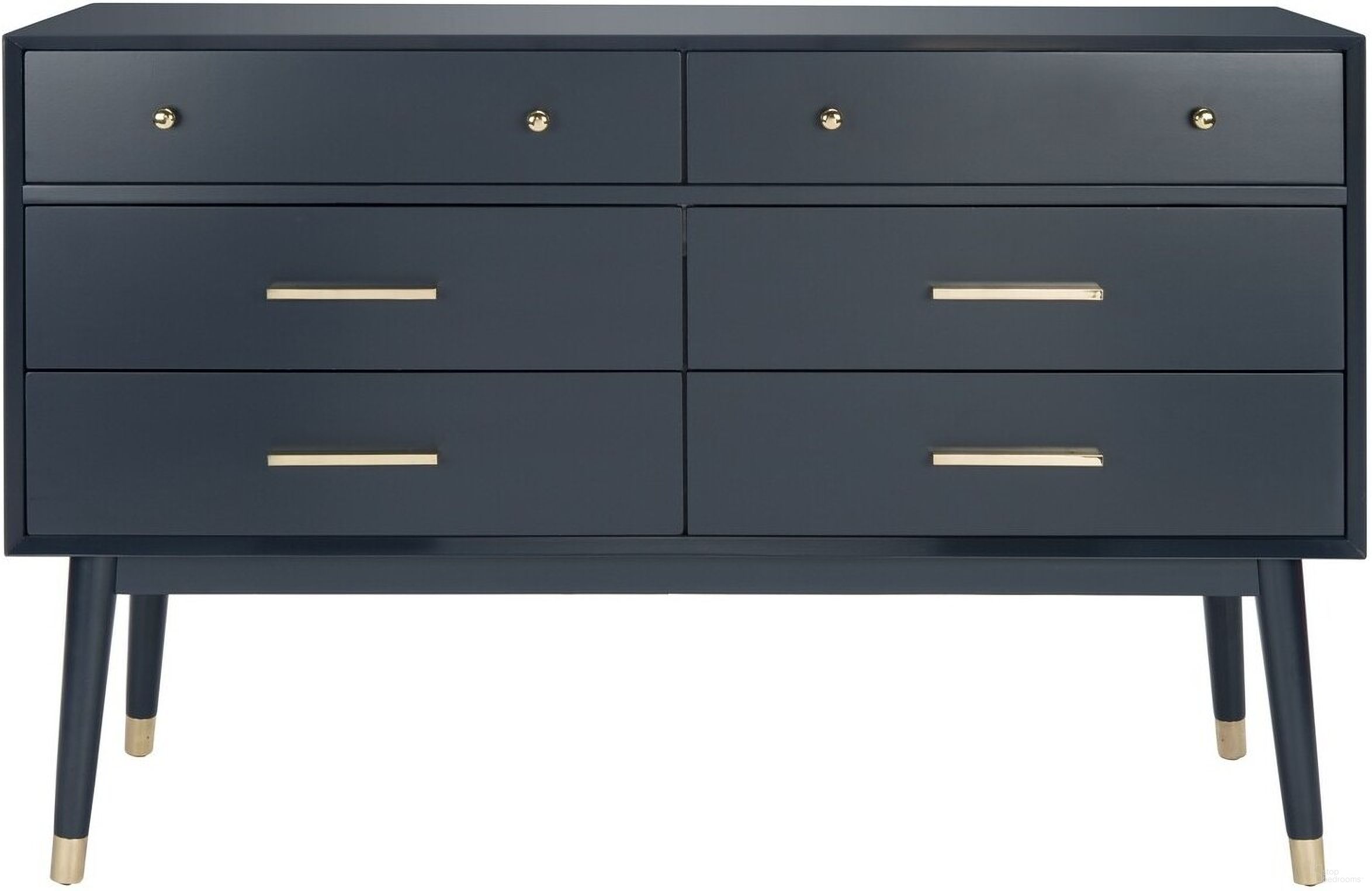 The appearance of Madden Retro Dresser In Navy and Brass designed by Safavieh Couture in the modern / contemporary interior design. This navy and brass piece of furniture was selected by 1StopBedrooms from Madden Collection to add a touch of cosiness and style into your home. Sku: SFV2100D. Material: MDF.
