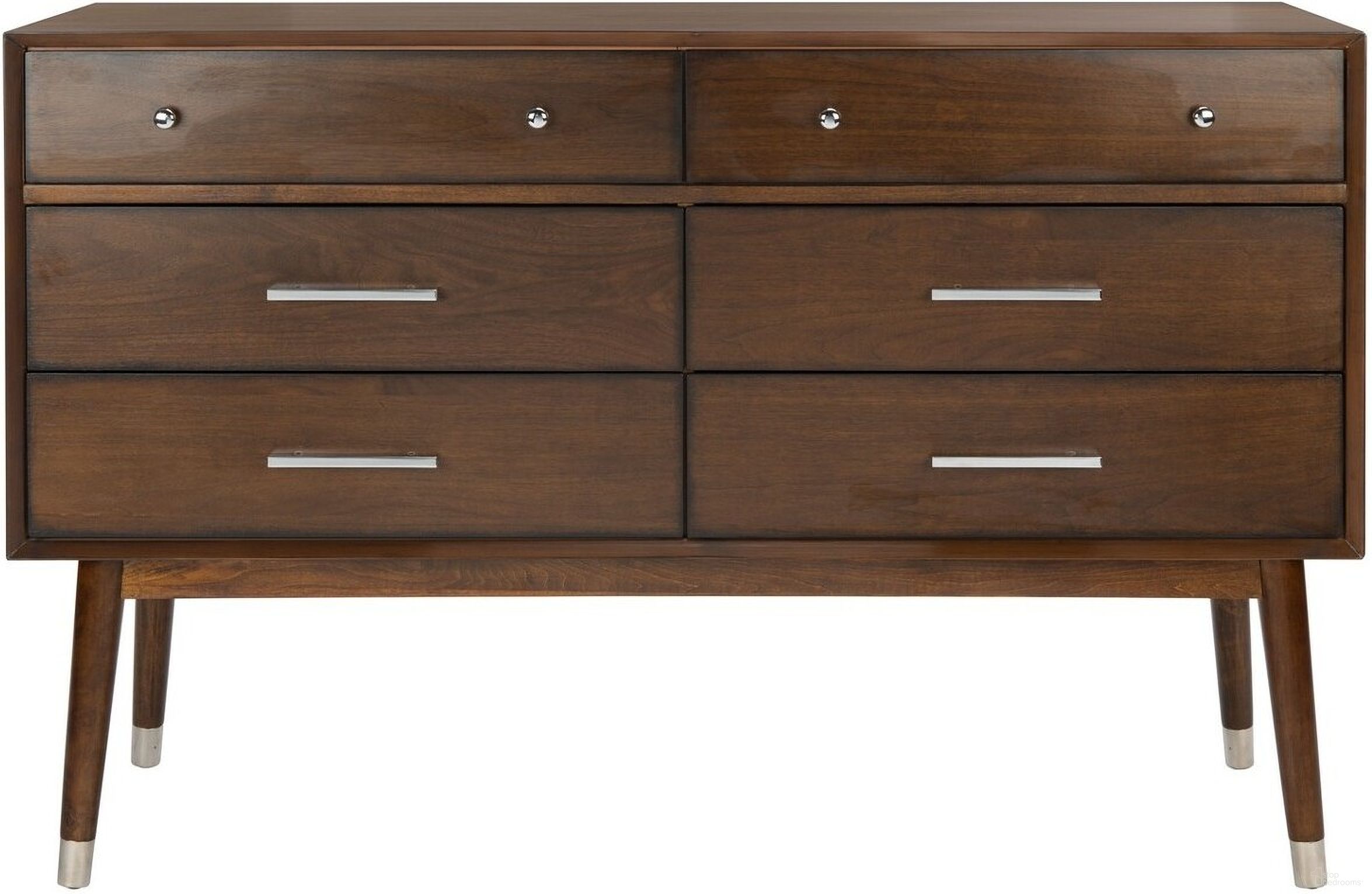 The appearance of Madden Retro Dresser In Silver and Walnut designed by Safavieh Couture in the modern / contemporary interior design. This silver and walnut piece of furniture  was selected by 1StopBedrooms from Madden Collection to add a touch of cosiness and style into your home. Sku: SFV2100H. Material: MDF.
