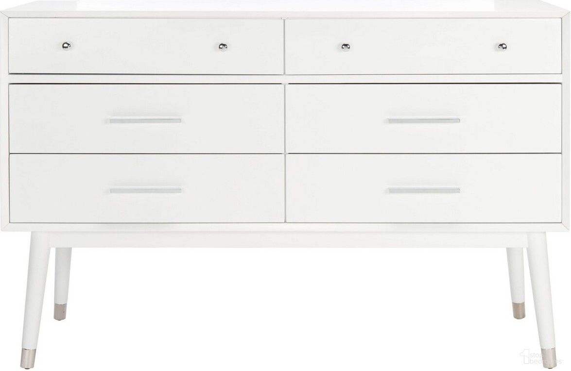 The appearance of Madden Retro Dresser In White and Silver designed by Safavieh Couture in the modern / contemporary interior design. This white piece of furniture was selected by 1StopBedrooms from Madden Collection to add a touch of cosiness and style into your home. Sku: SFV2100F. Material: MDF.