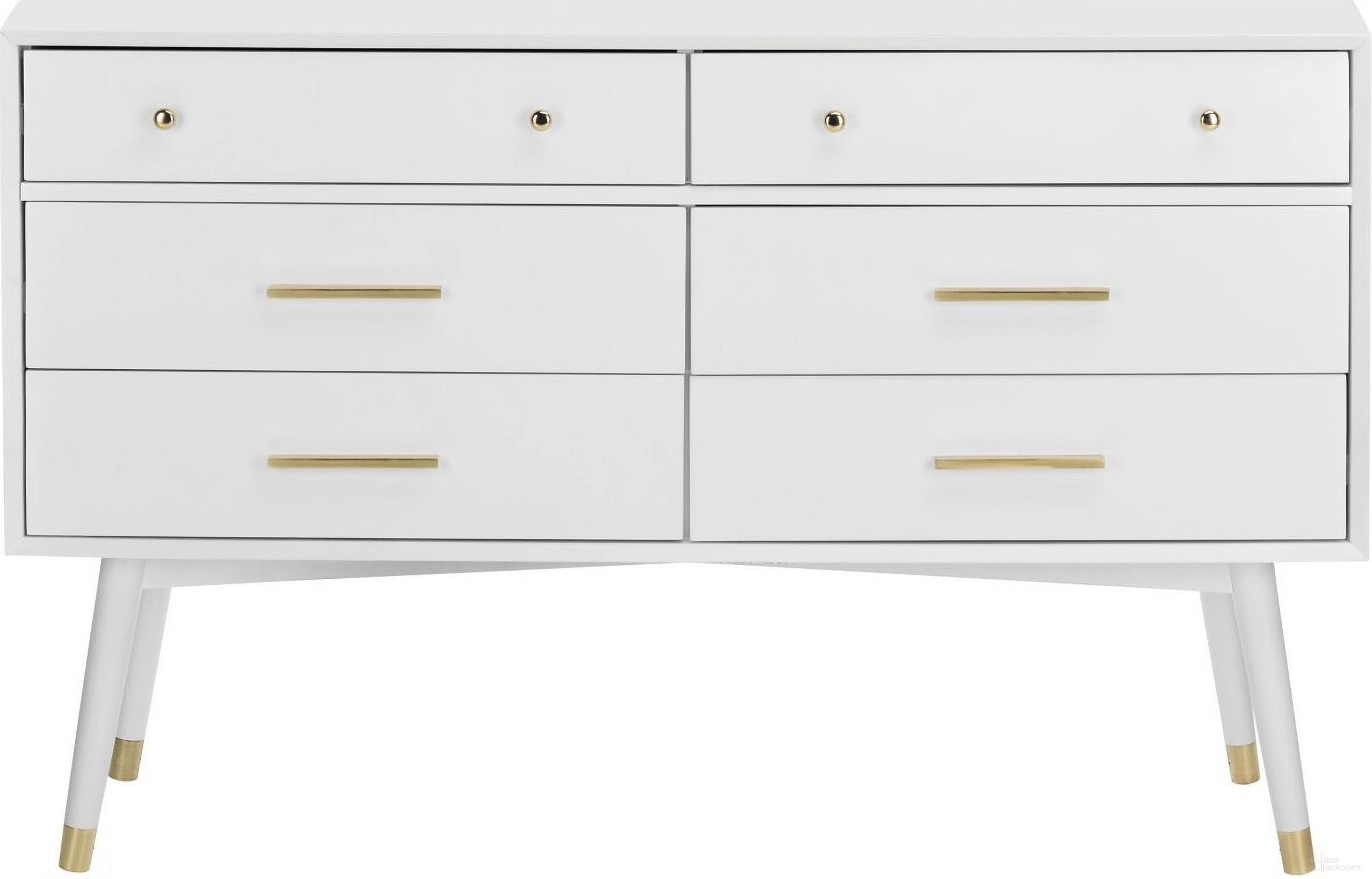 The appearance of Madden Retro Dresser In White and Brass designed by Safavieh Couture in the modern / contemporary interior design. This brass piece of furniture  was selected by 1StopBedrooms from Madden Collection to add a touch of cosiness and style into your home. Sku: SFV2100A. Material: MDF.