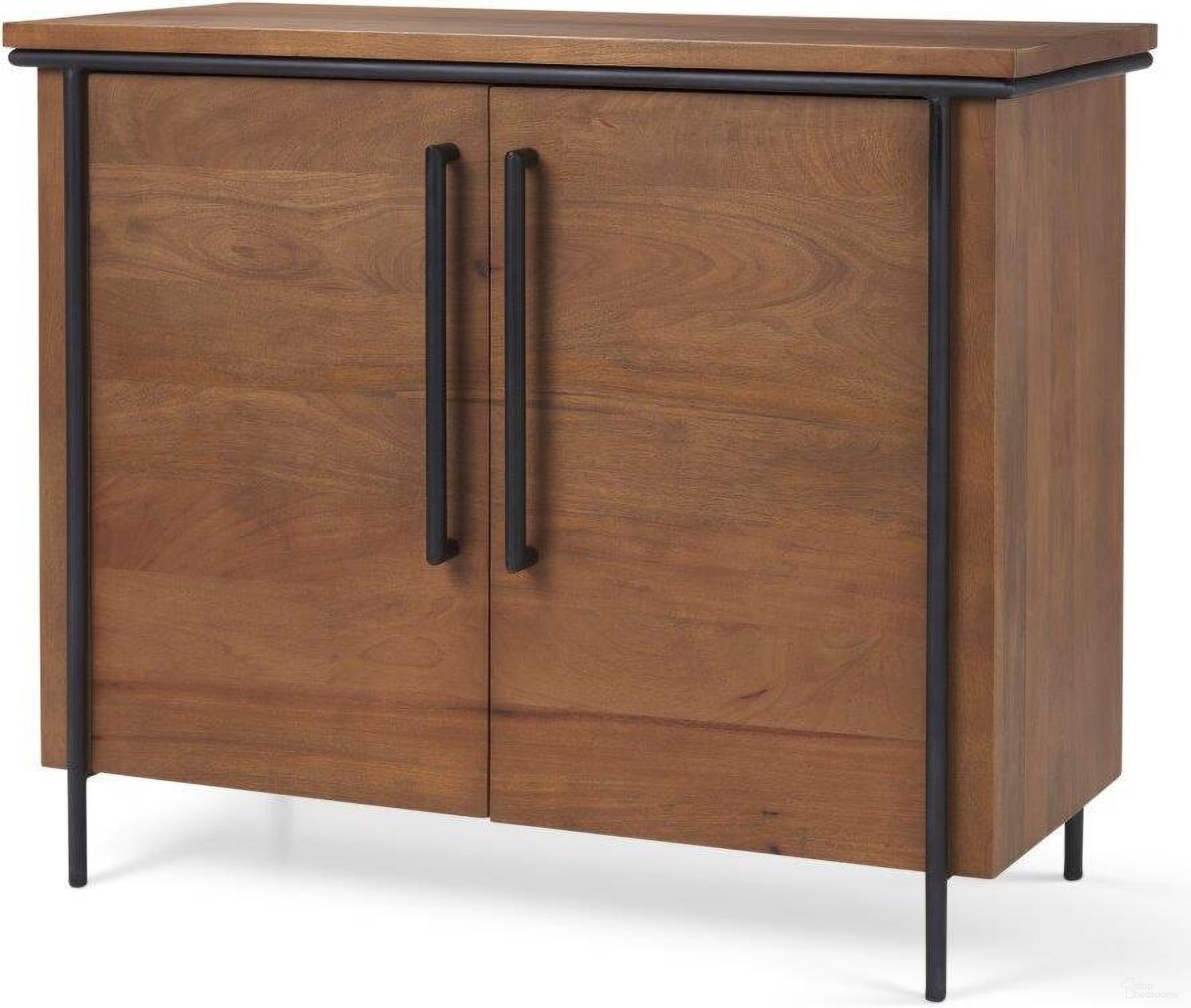 The appearance of Maddox Brown Solid Wood Black Metal 2 Door Accent Cabinet designed by Mercana in the modern / contemporary interior design. This black and brown piece of furniture  was selected by 1StopBedrooms from Maddox Collection to add a touch of cosiness and style into your home. Sku: 69930. Material: Wood.