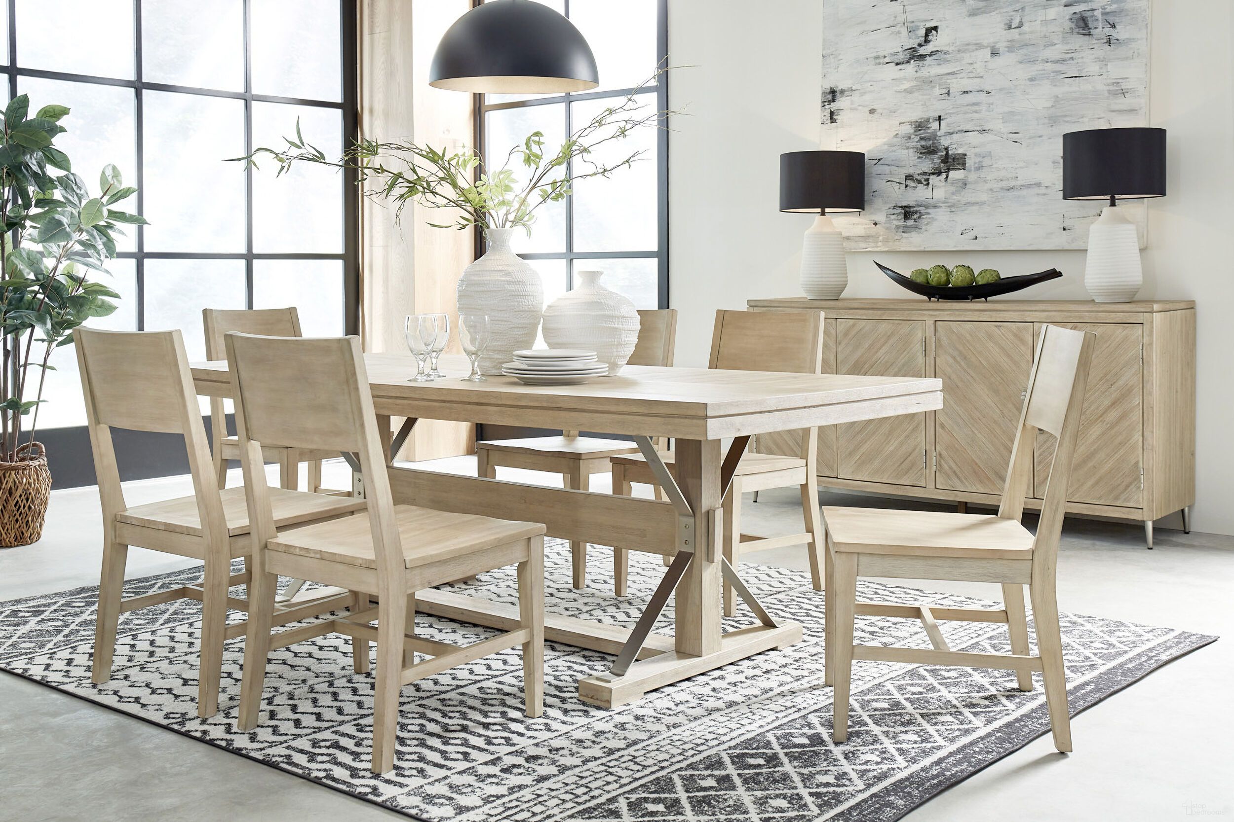 The appearance of Maddox Trestle Dining Room Set In Biscotti designed by Aspenhome in the transitional interior design. This biscotti piece of furniture was selected by 1StopBedrooms from Maddox Collection to add a touch of cosiness and style into your home. Sku: I644-6030;I644-6640S. Material: Wood. Table Top Shape: Rectangular. Size: 42" x 86".
