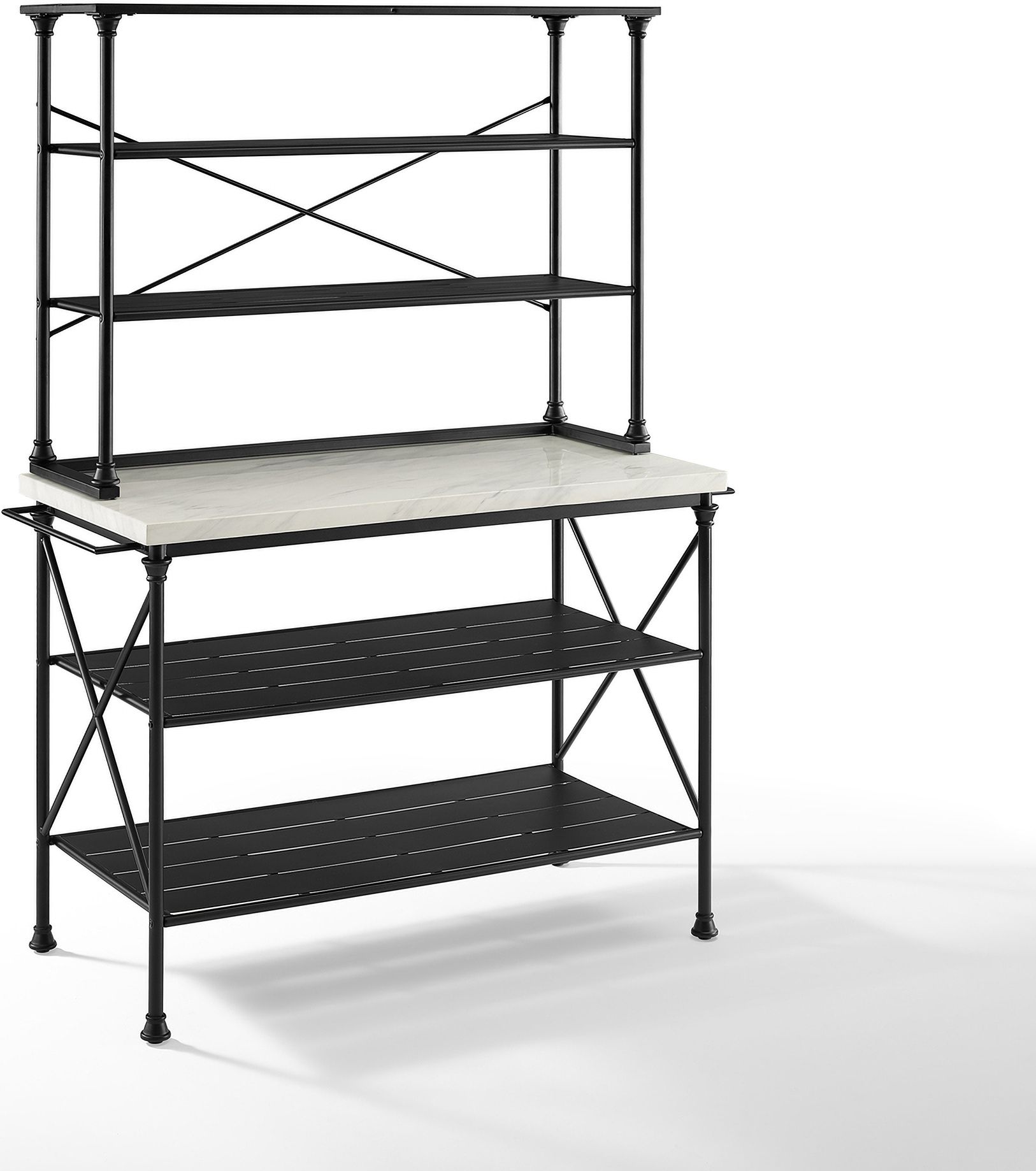 The appearance of Madeleine Kitchen Island and Hutch In White Marble and Matte Black designed by Crosley Brands in the transitional interior design. This white marble and matte black piece of furniture  was selected by 1StopBedrooms from Madeleine Collection to add a touch of cosiness and style into your home. Sku: CF3024-MB;CF6131-MB. Material: Steel.