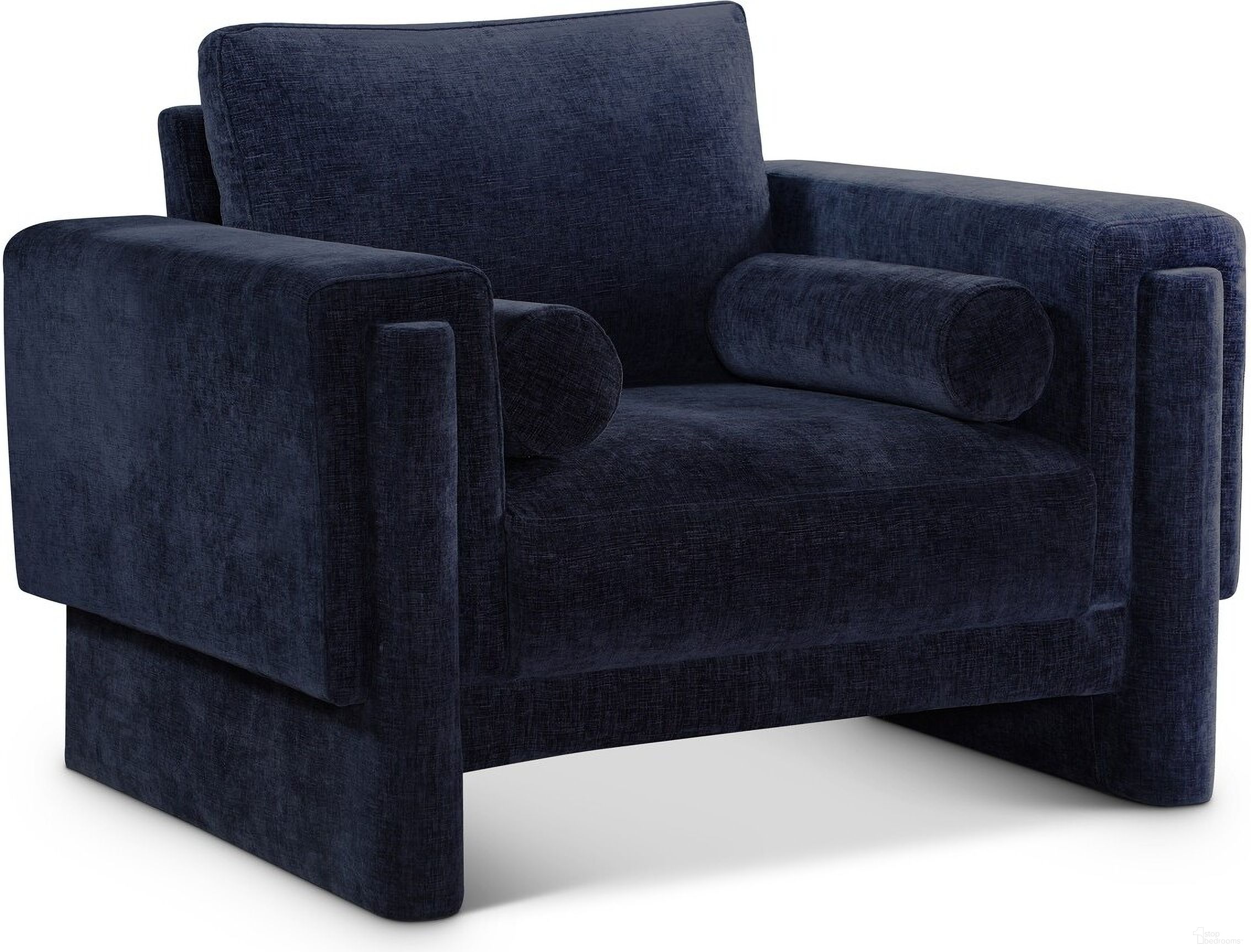 The appearance of Madeline Chenille Fabric Chair In Navy designed by Meridian in the modern / contemporary interior design. This navy piece of furniture  was selected by 1StopBedrooms from Madeline Collection to add a touch of cosiness and style into your home. Sku: 152Navy-C. Material: Plywood.