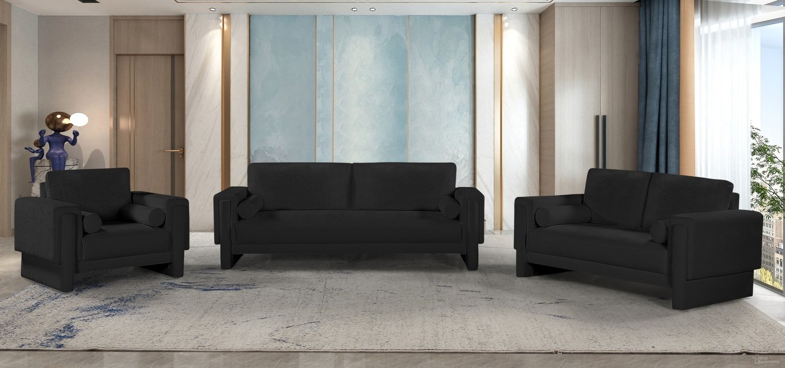 The appearance of Madeline Living Room Set In Black designed by Meridian in the modern / contemporary interior design. This black piece of furniture was selected by 1StopBedrooms from Madeline Collection to add a touch of cosiness and style into your home. Sku: 152Black-S;152Black-L. Material: Plywood.