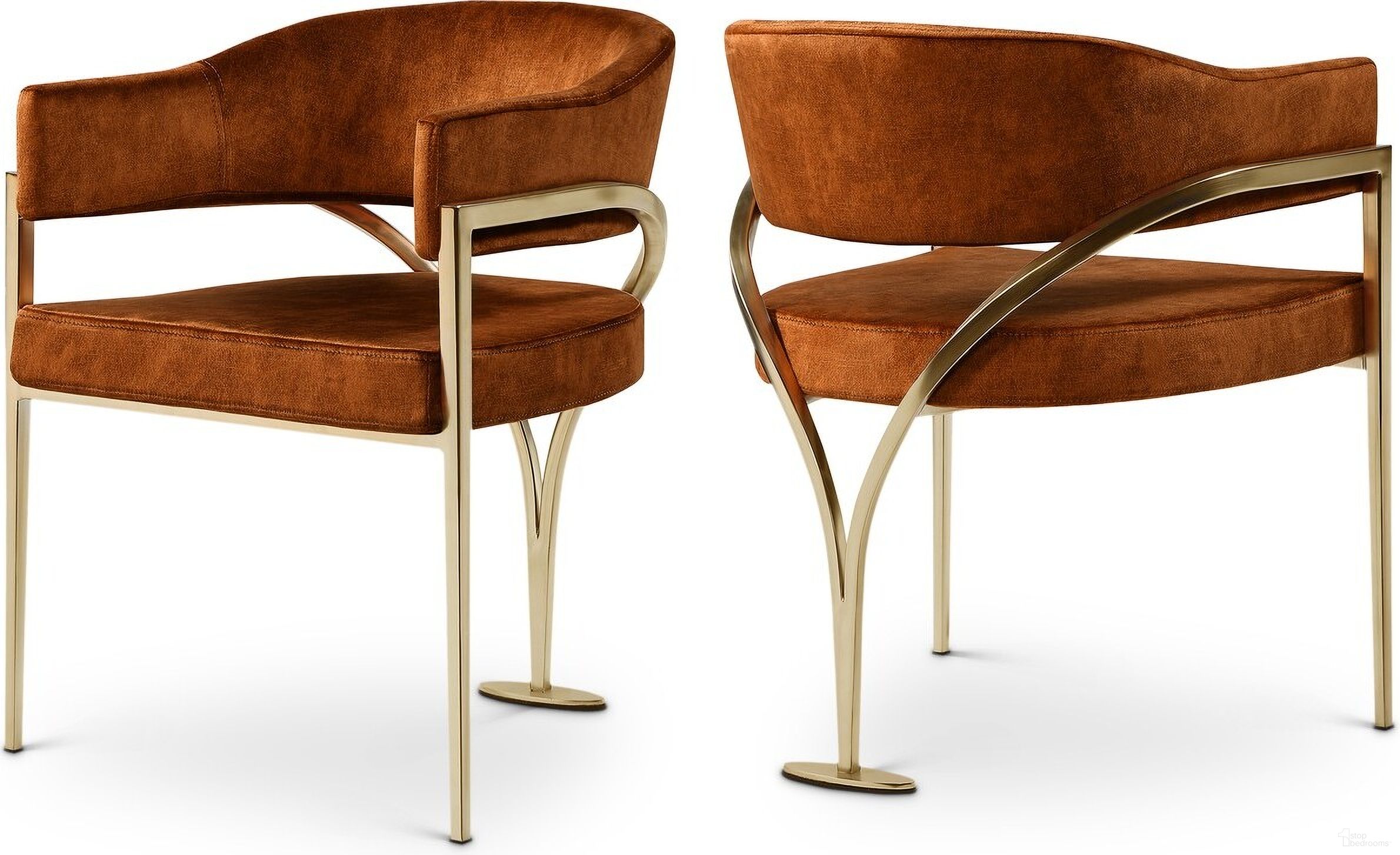 The appearance of Madelyn Velvet Dining Chair Set of 2 In Cognac/Gold designed by Meridian in the modern / contemporary interior design. This cognac piece of furniture was selected by 1StopBedrooms from Madelyn Collection to add a touch of cosiness and style into your home. Sku: 553Cognac-C. Material: Velvet. Chair Type: Arm Chair.