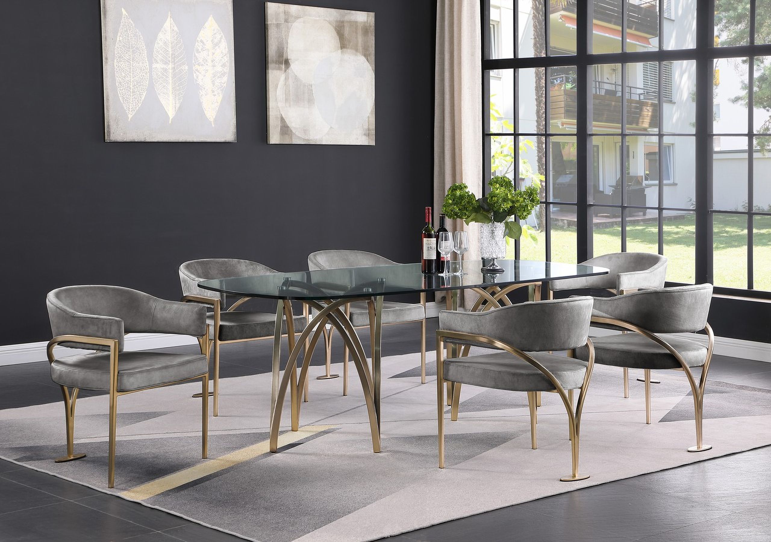 The appearance of Madelyn Dining Room Set In Gold designed by Meridian in the modern / contemporary interior design. This gold piece of furniture  was selected by 1StopBedrooms from Madelyn Collection to add a touch of cosiness and style into your home. Sku: 553-T Box 1/2 (Glass Top);553-T Box 2/2 (Base);553Black-C. Table Base Style: Double Pedestal. Table Top Shape: Rectangular. Material: Iron. Size: 42" x 91".